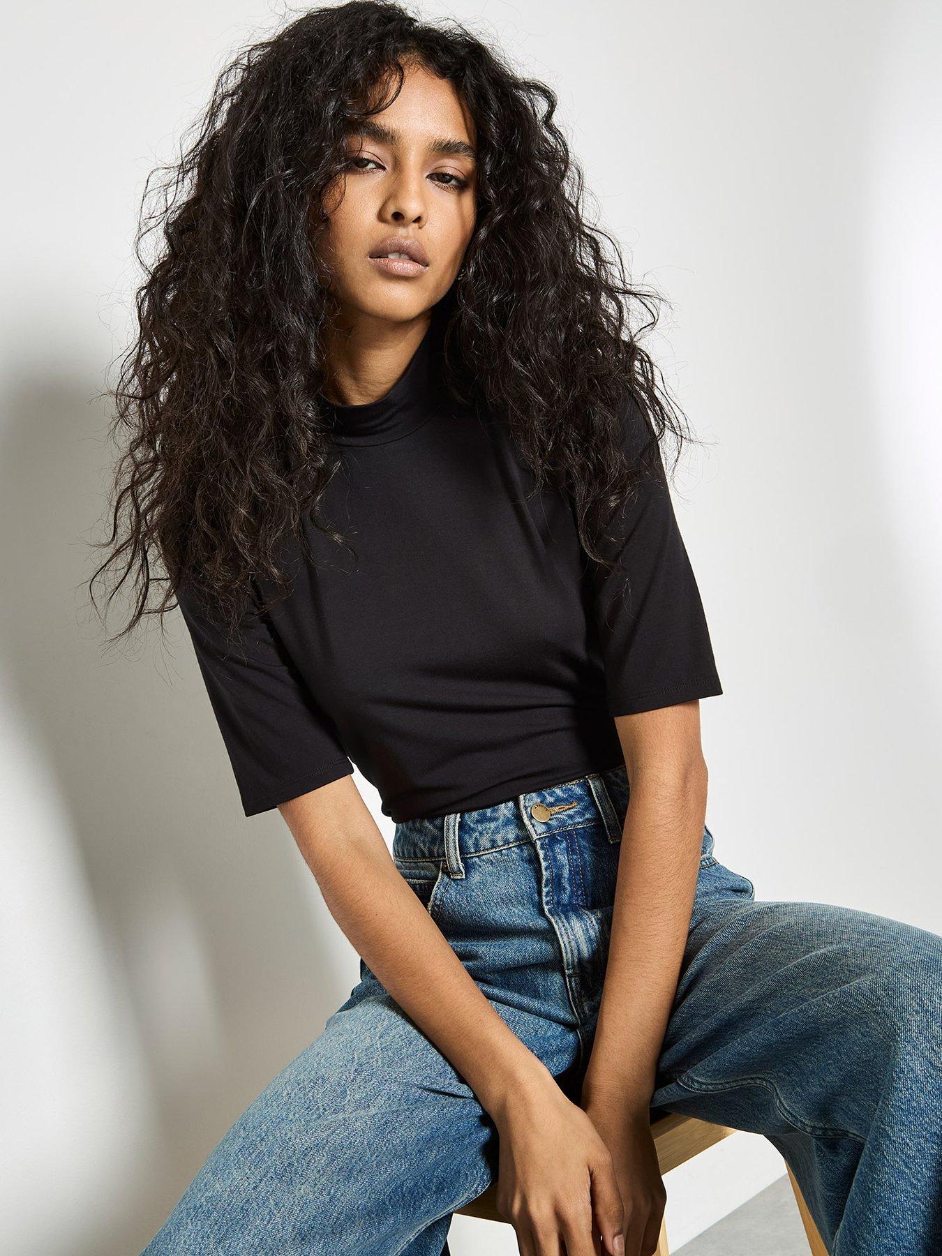 apricot-mock-neck-half-sleeve-top-blackoutfit