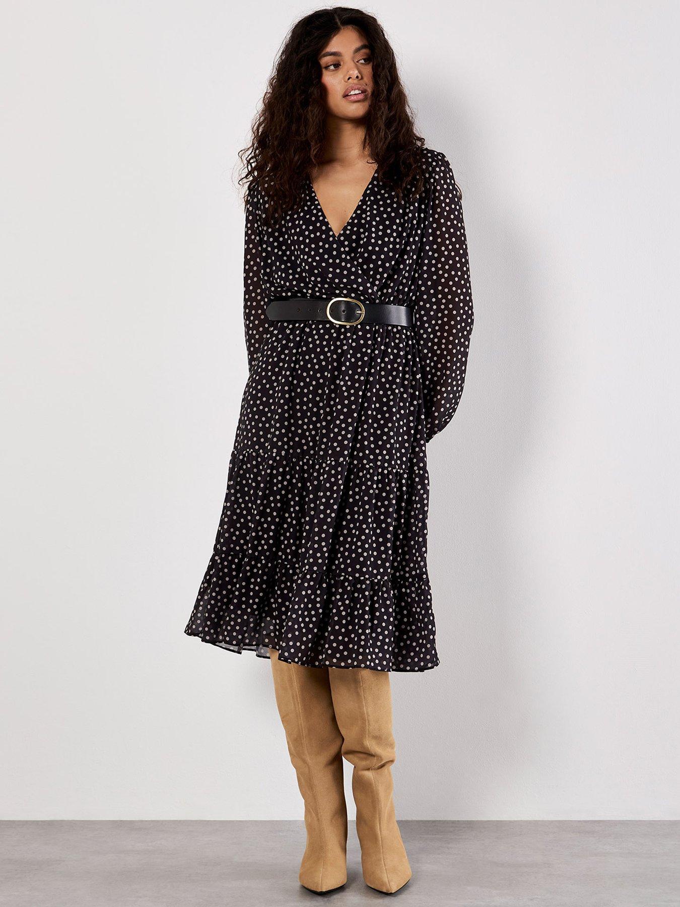 Apricot Polka Dot Chiffon Wrap Long Sleeve Dress - Black