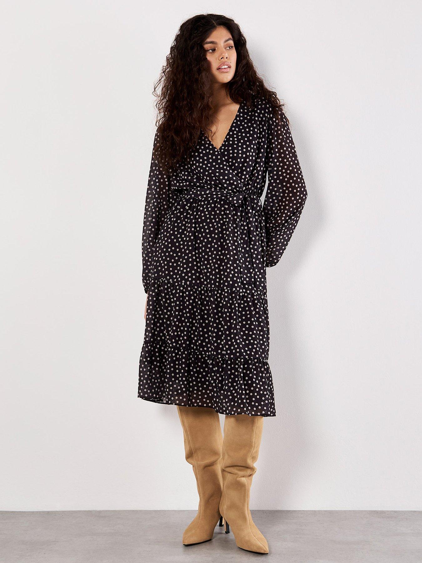 Image 3 of 5 of Apricot Polka Dot Chiffon Wrap Long Sleeve Dress - Black