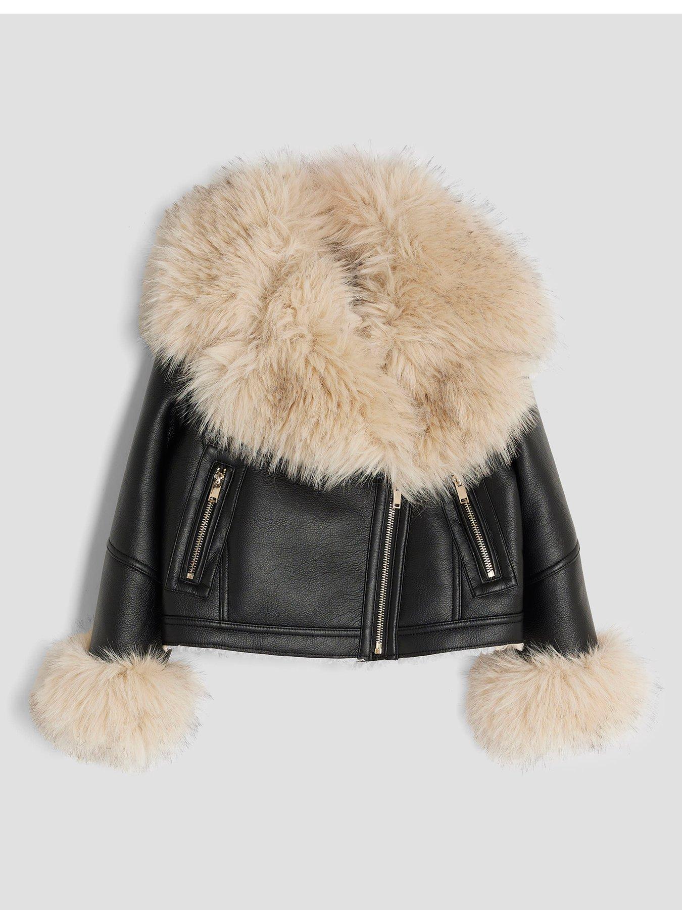 River Island Older Girls Faux Fur Aviator Biker Jacket - Black