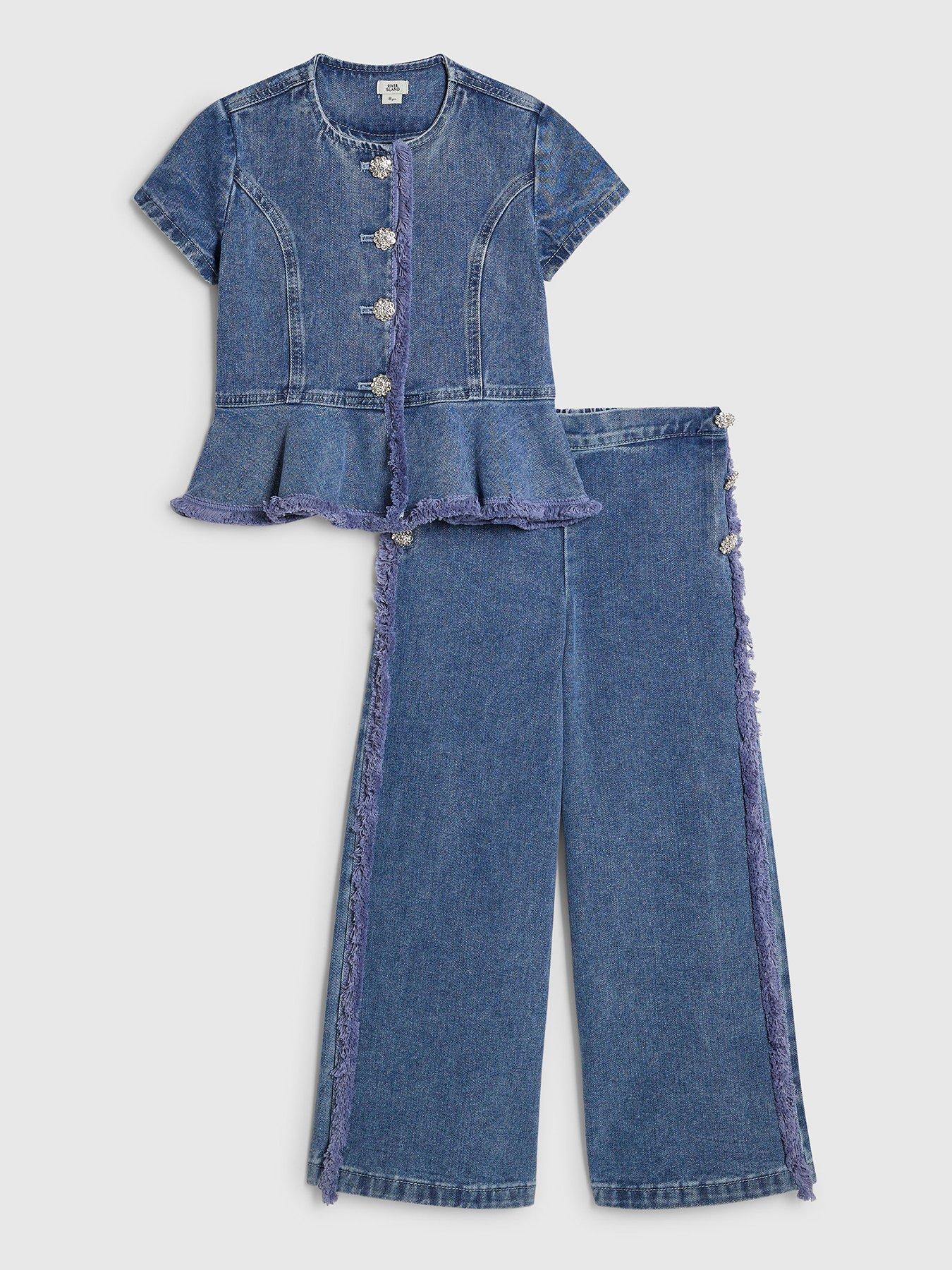 River Island Older Girls Denim Peplum Top Set - Blue