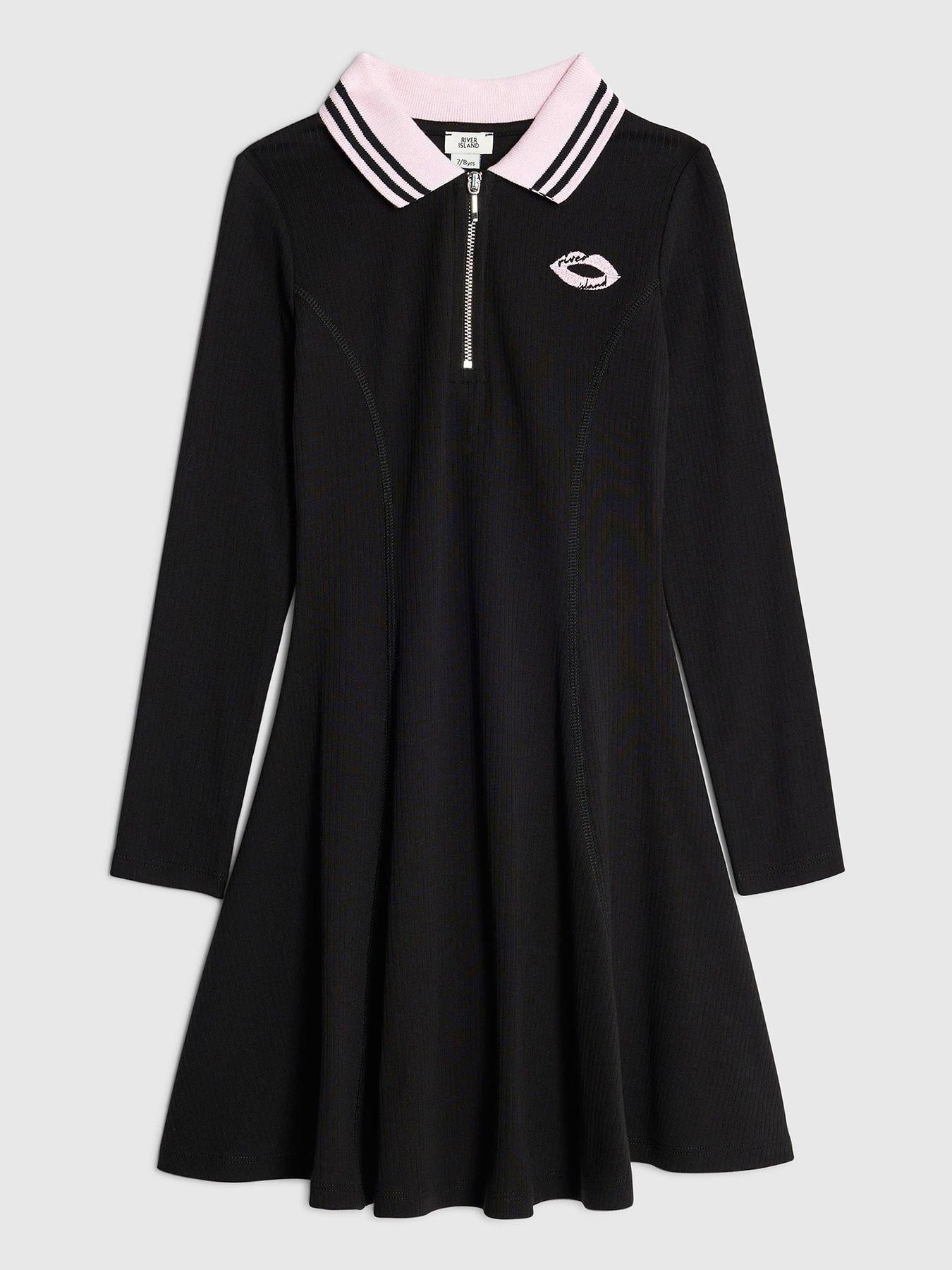 river-island-older-girls-long-sleeved-ribbed-zip-polo-dress-black