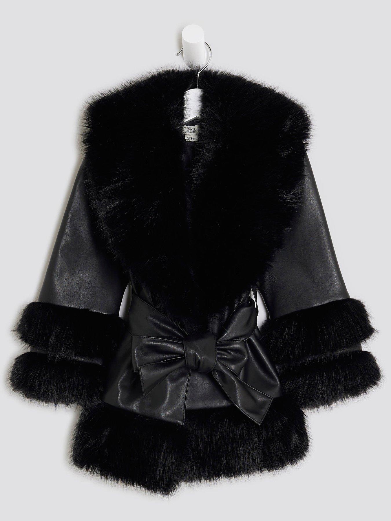 River Island Mini Mini Girls Pu Fur Wrap Coat - Black