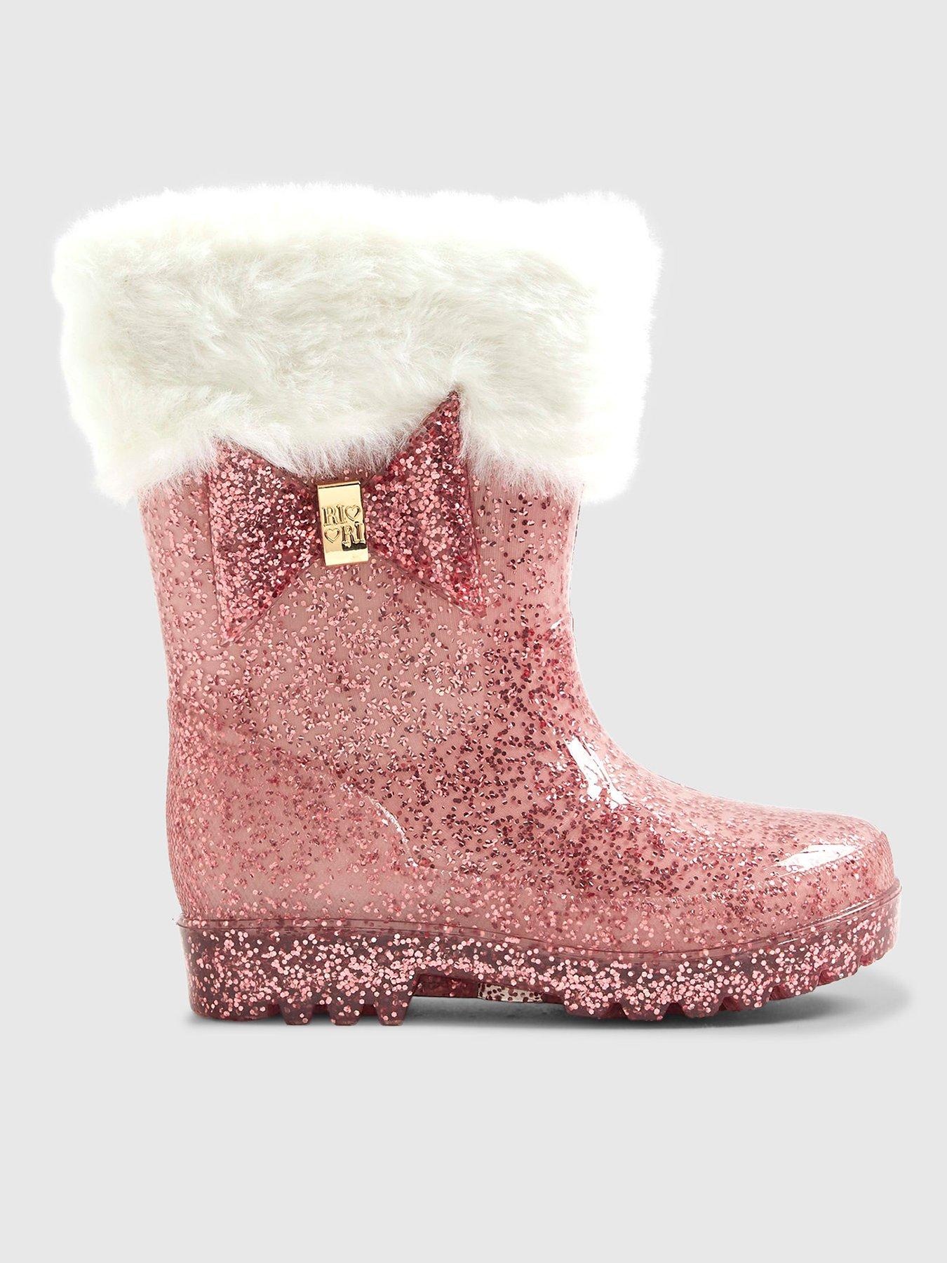 River Island Mini Girls Bow Faux Fur Glitter Wellies - Pink