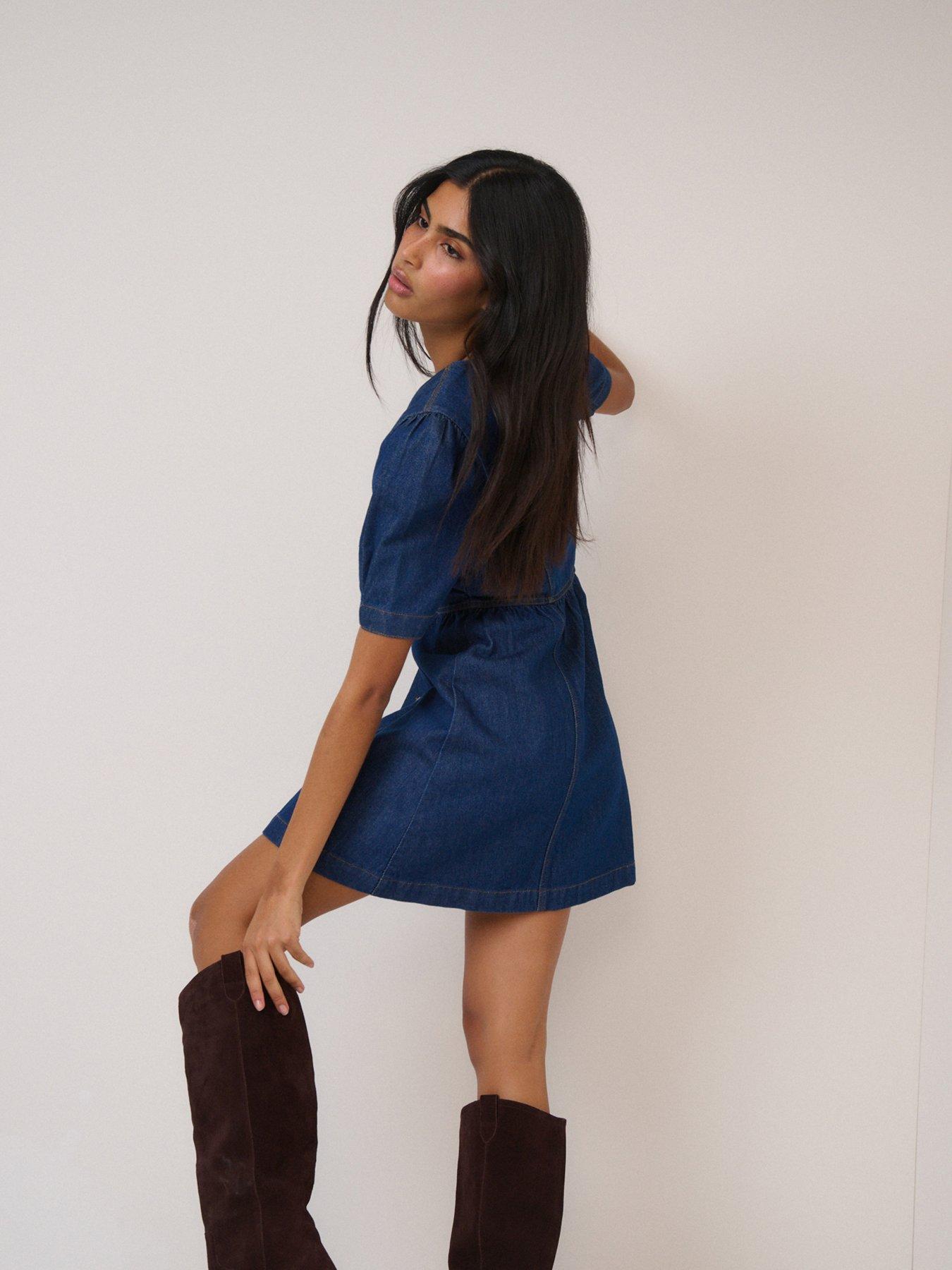 nobodys-child-denim-seamed-fit-and-flare-mini-dress-bluestillFront