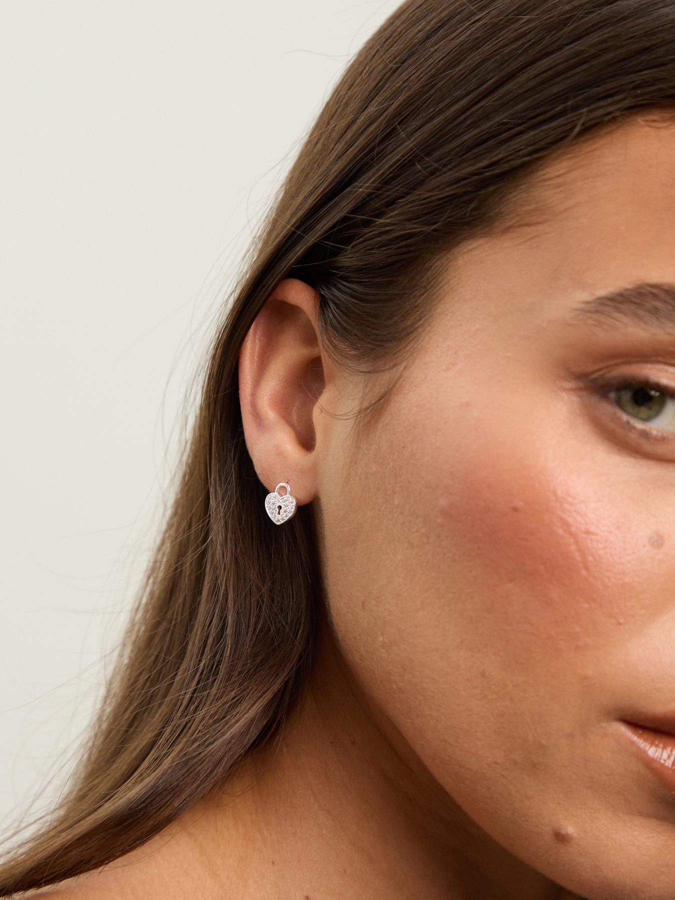 Image 2 of 3 of Simply Silver Simply Silver Sterling Silver 925 Pave Padlock Heart Stud Earrings