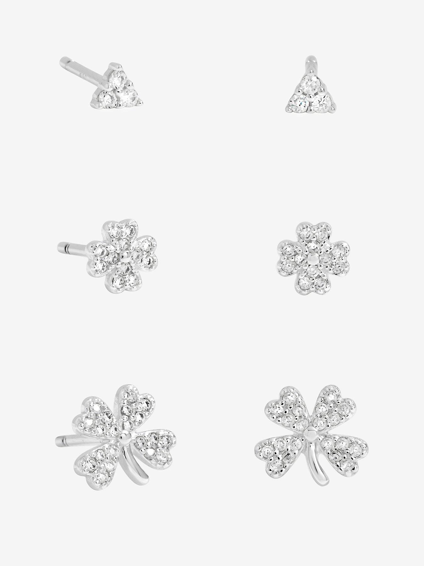 Simply Silver Sterling Silver 925 Polished and Cubic Zirconia Clover Earrings - Pack of 3