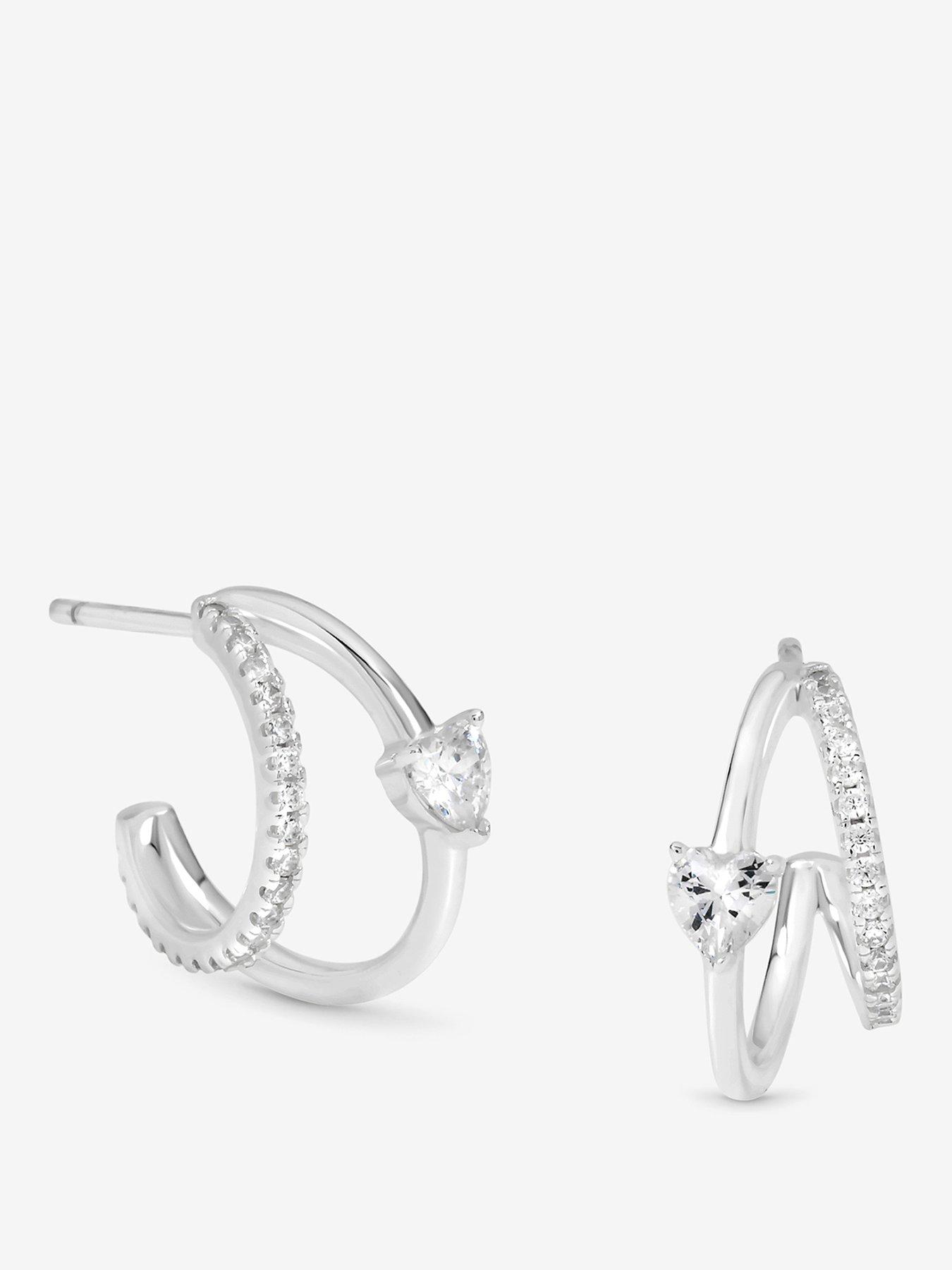 Simply Silver Simply Silver Sterling Silver 925 Polished and Pave Double Row Heart Hoop Earrings
