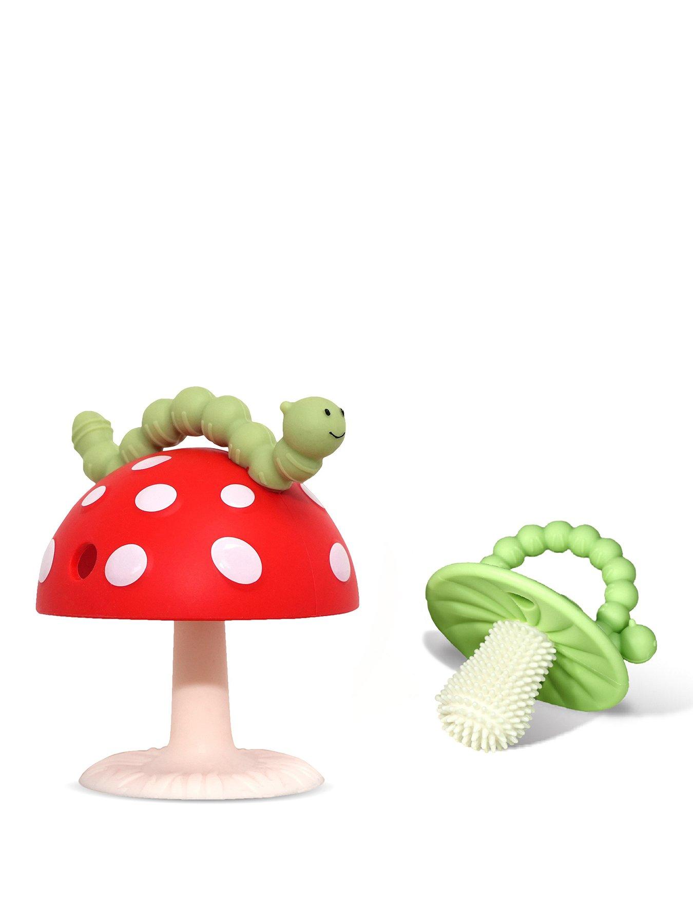 Image 1 of 6 of RazBaby Chompy Mushroom Teether & Grip 2 Pk Set (Pouch) Red/Green