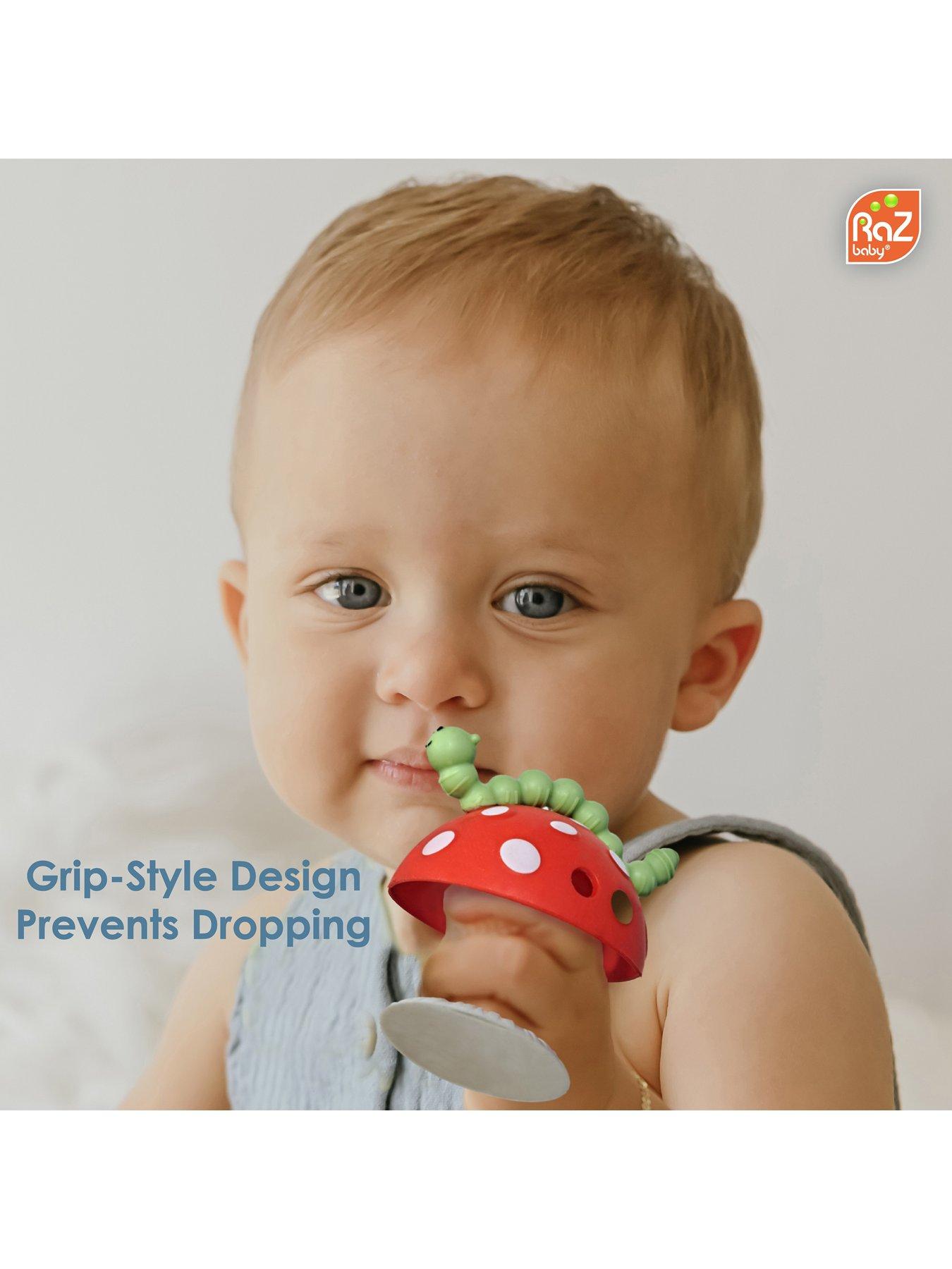 Image 3 of 6 of RazBaby Chompy Mushroom Teether & Grip 2 Pk Set (Pouch) Red/Green
