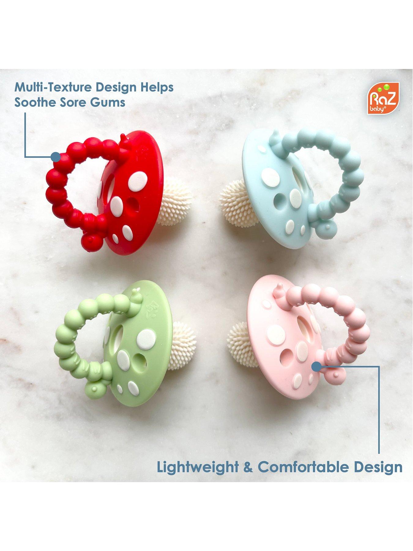 Image 5 of 6 of RazBaby Chompy Mushroom Teether & Grip 2 Pk Set (Pouch) Red/Green