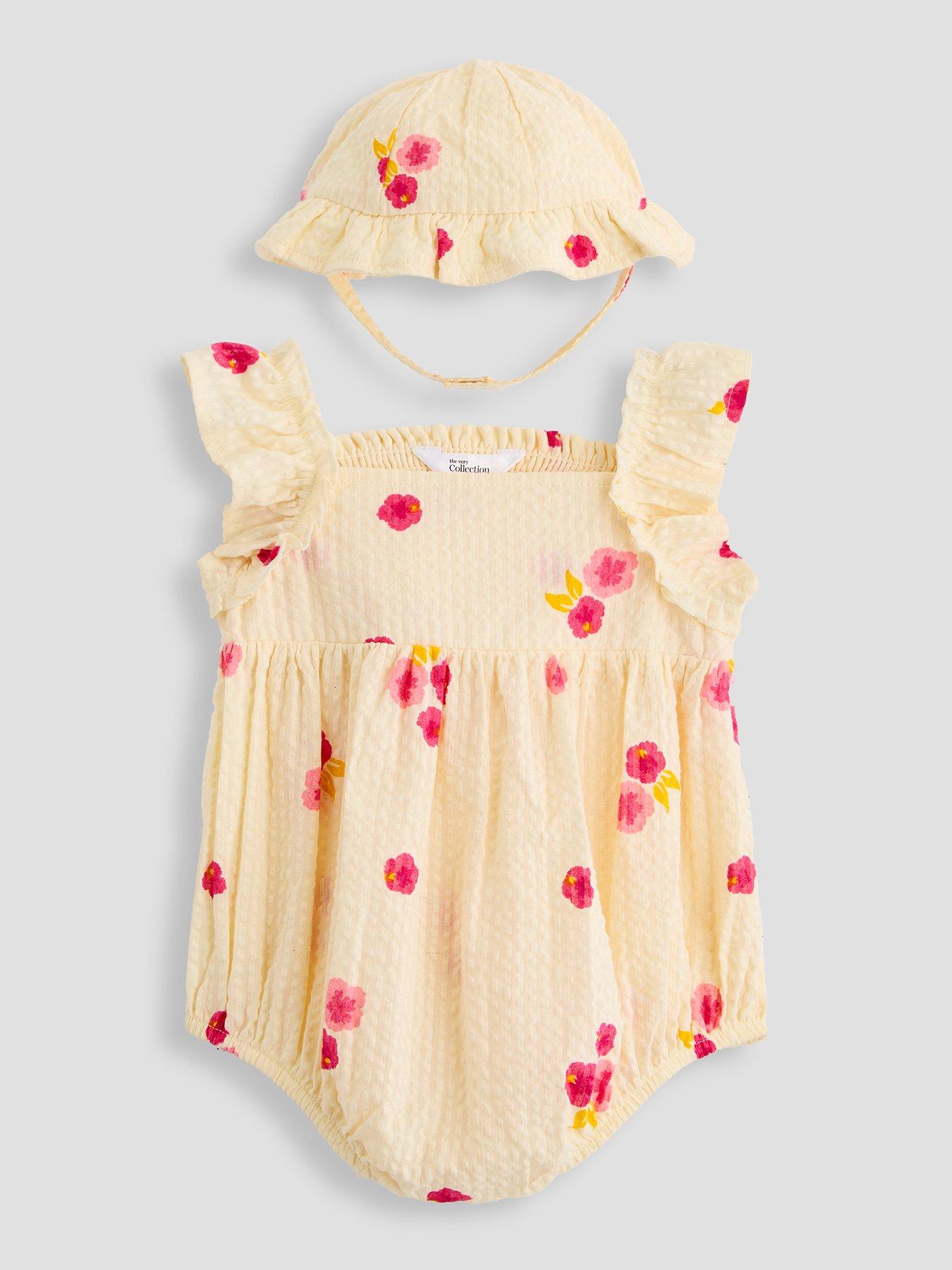 The Very Collection Baby Girl Floral Print Angel Sleeve Romper And Hat Set - Cream