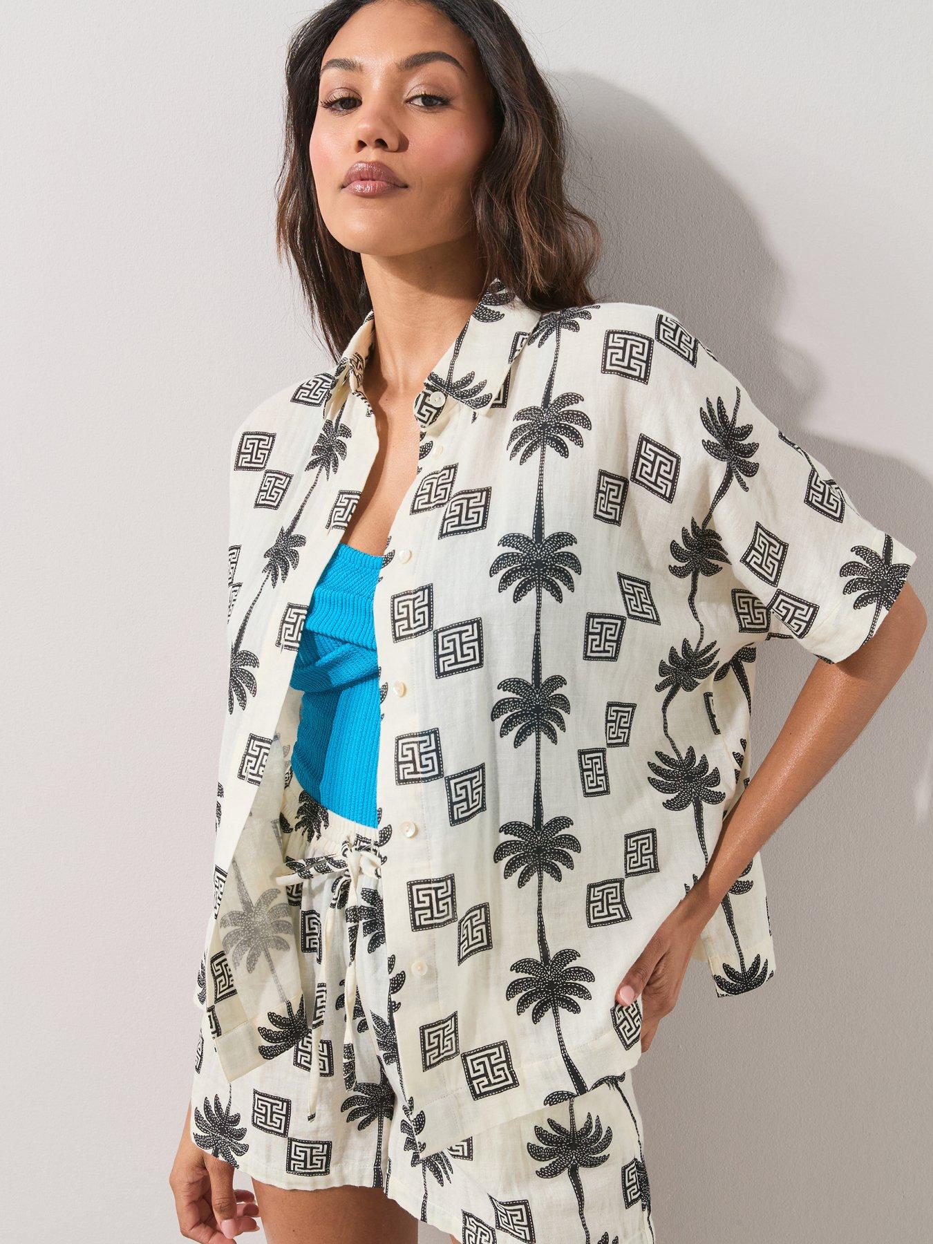 Image 1 of 7 of The Very Collection Palm Printed Beach Shirt Co Ord - Multi