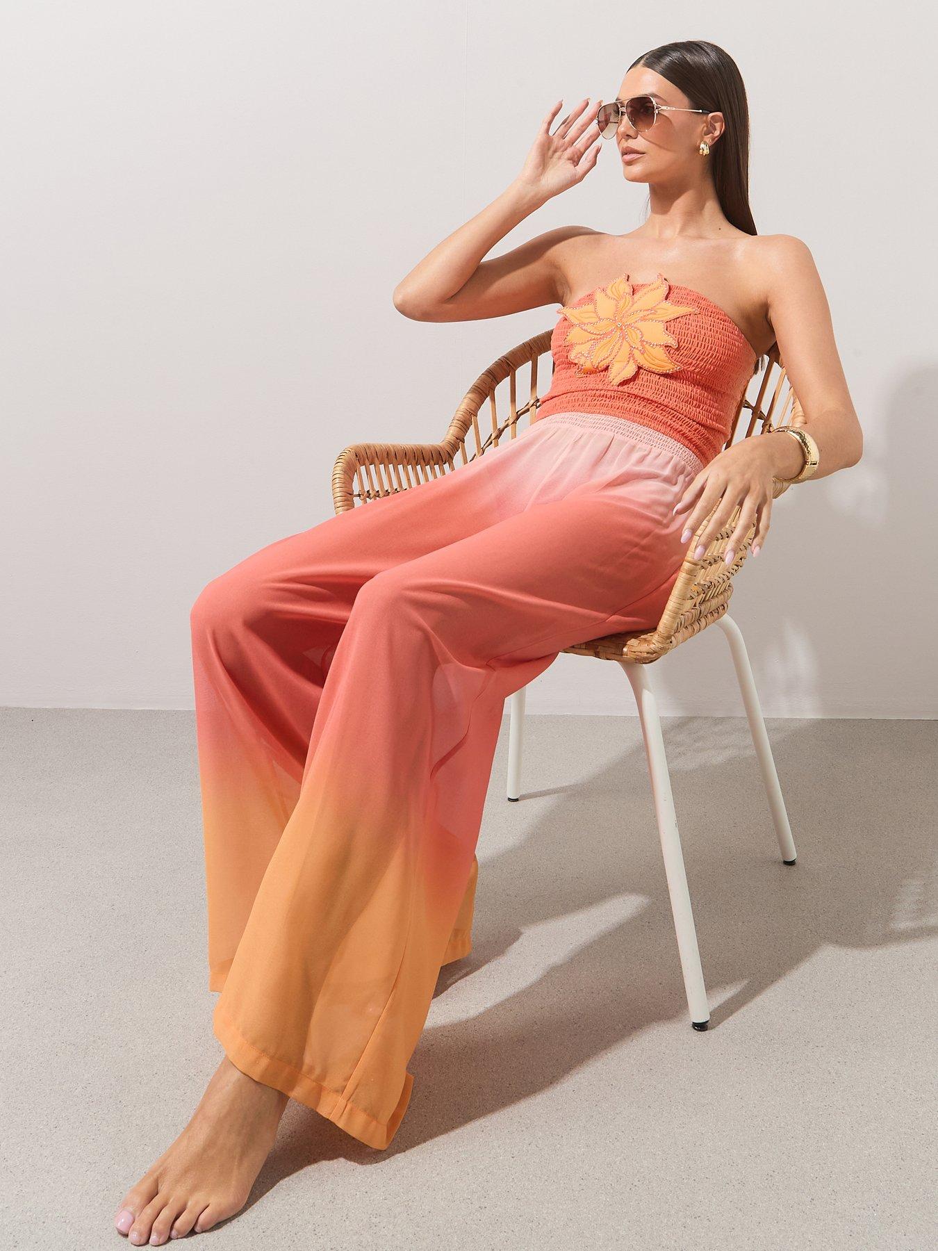 Image 1 of 7 of The Very Collection Shirred Ombre Sheer Beach Trouser Co Ord - Pink