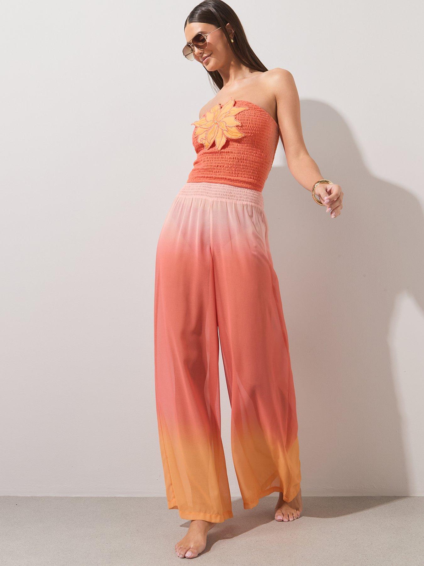 Image 3 of 7 of The Very Collection Shirred Ombre Sheer Beach Trouser Co Ord - Pink