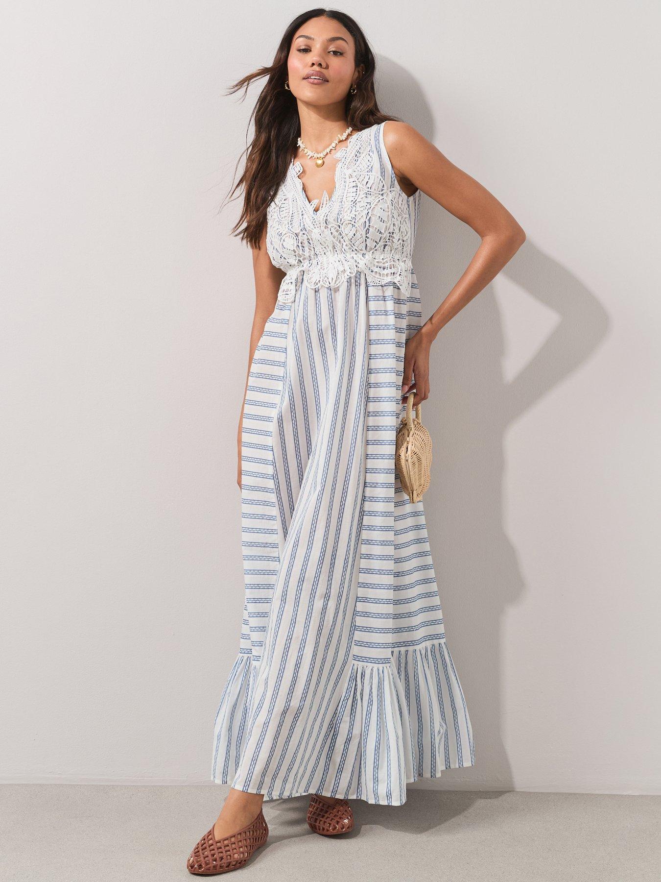 Image 1 of 7 of The Very Collection Crochet Panel Maxi Dress - Blue