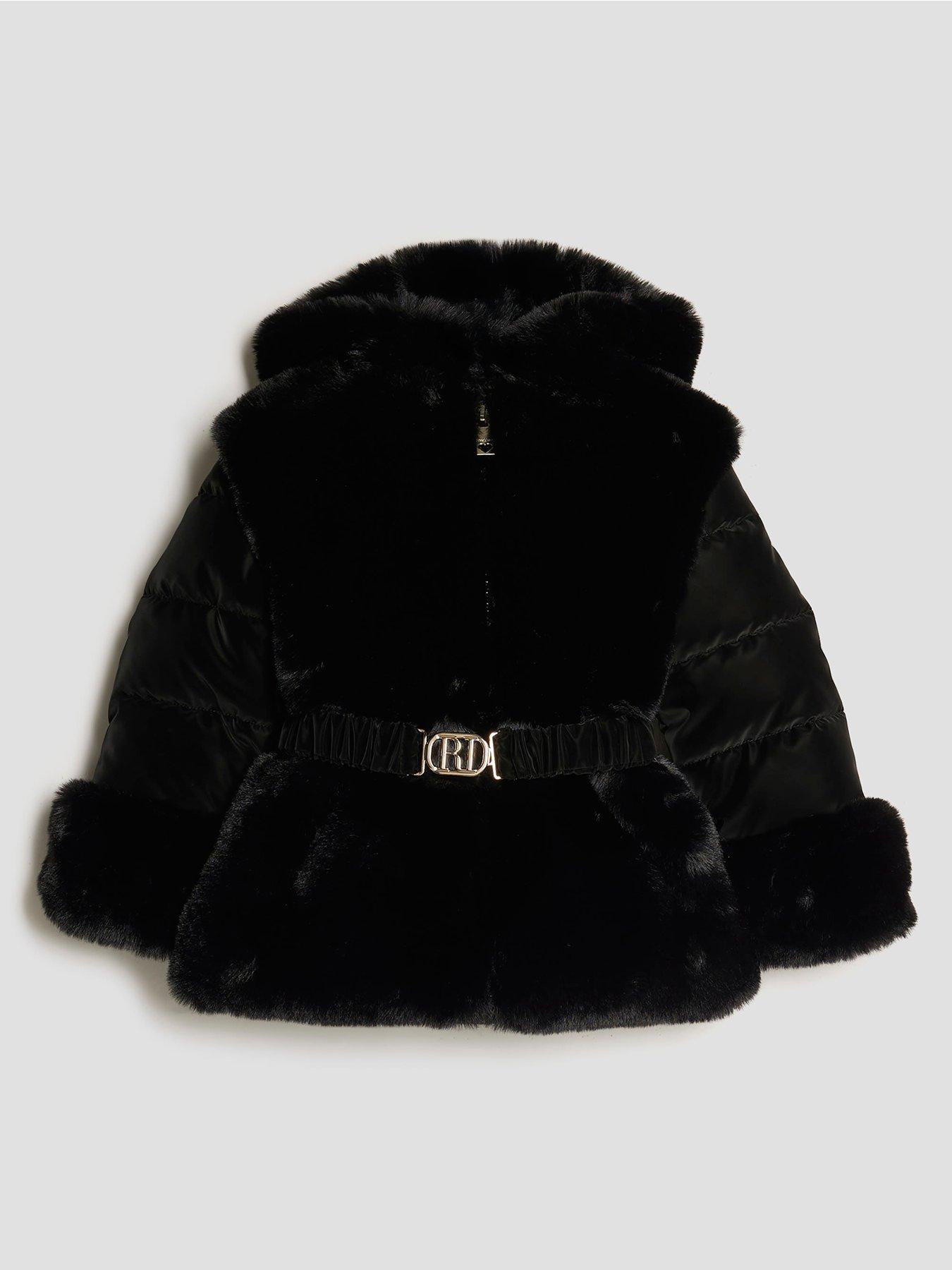 River Island Mini Girls Belted Faux Fur Padded Coat - Black