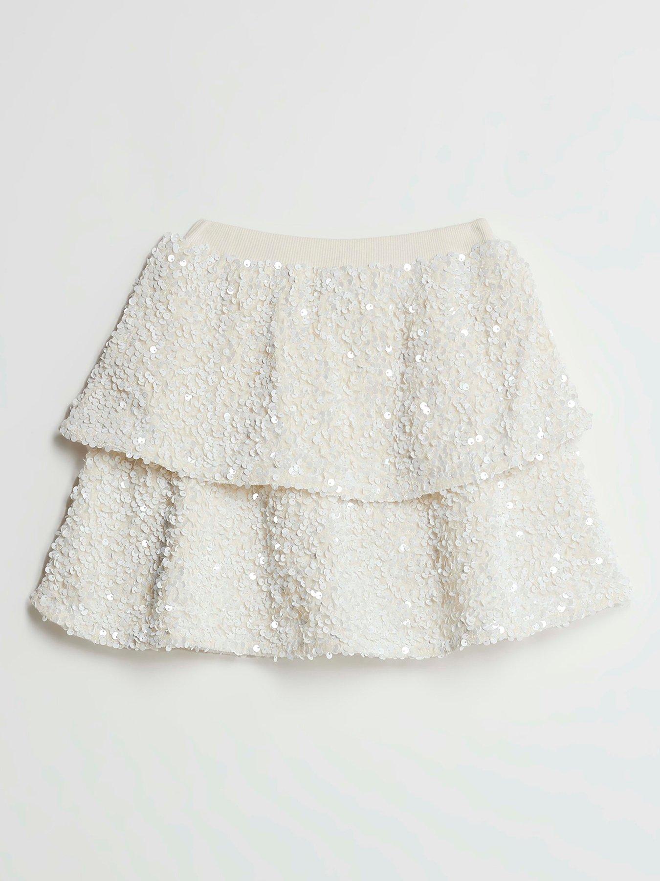River Island Mini Girls Sequin Frill Skirt - White