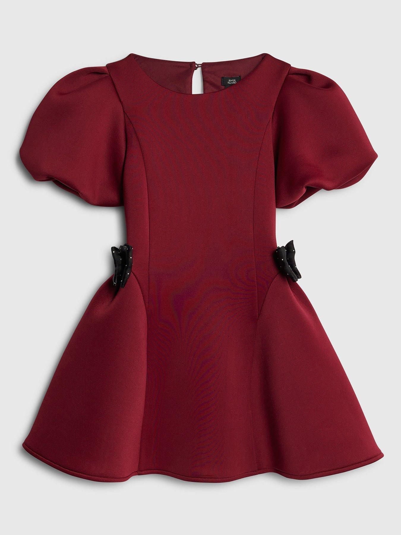 River Island Older Girls Bow Puff Sleeve Dress - Red
