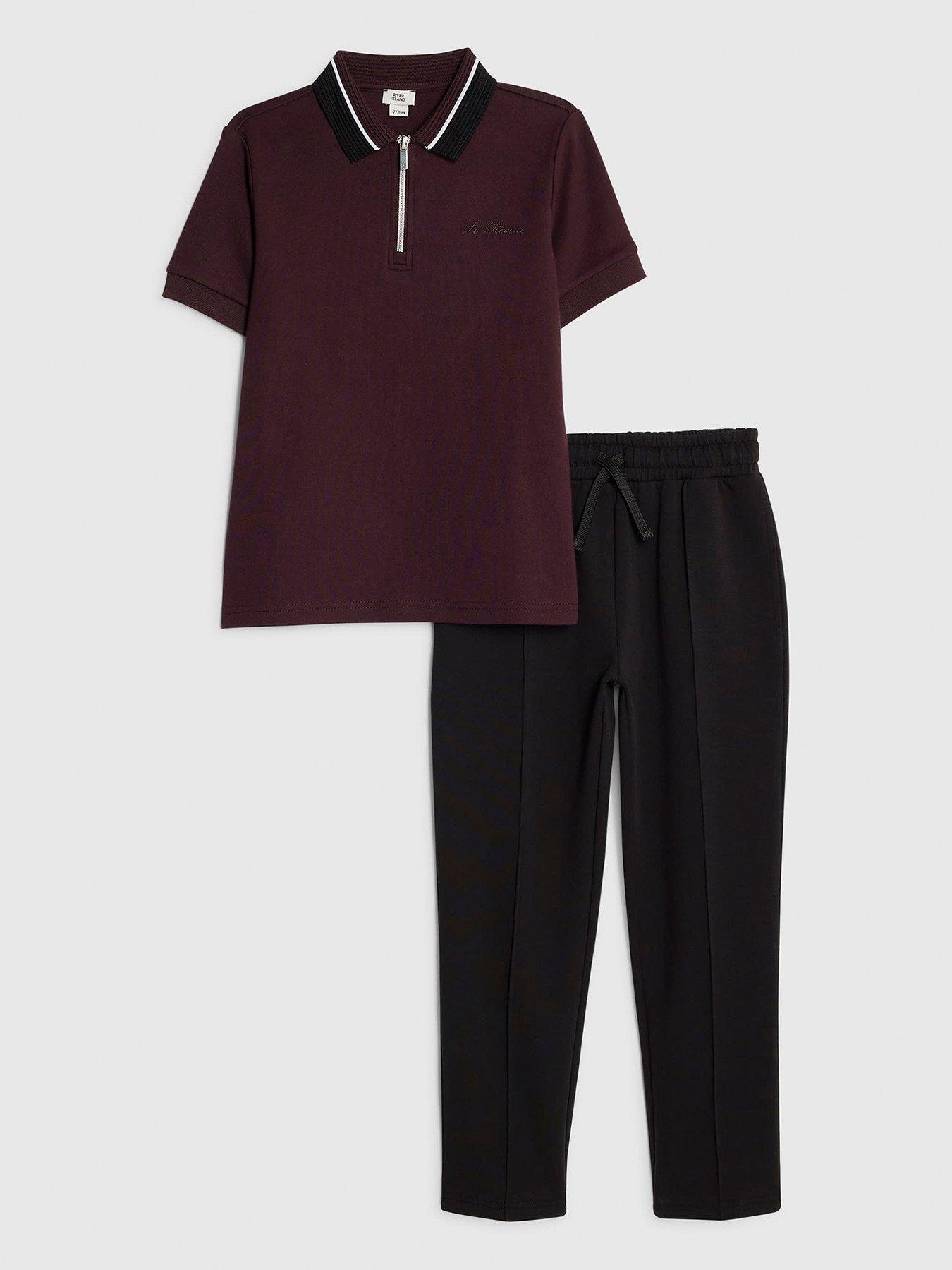 River Island Older Boys Ottoman Collar Polo Shirt Set - Dark Red