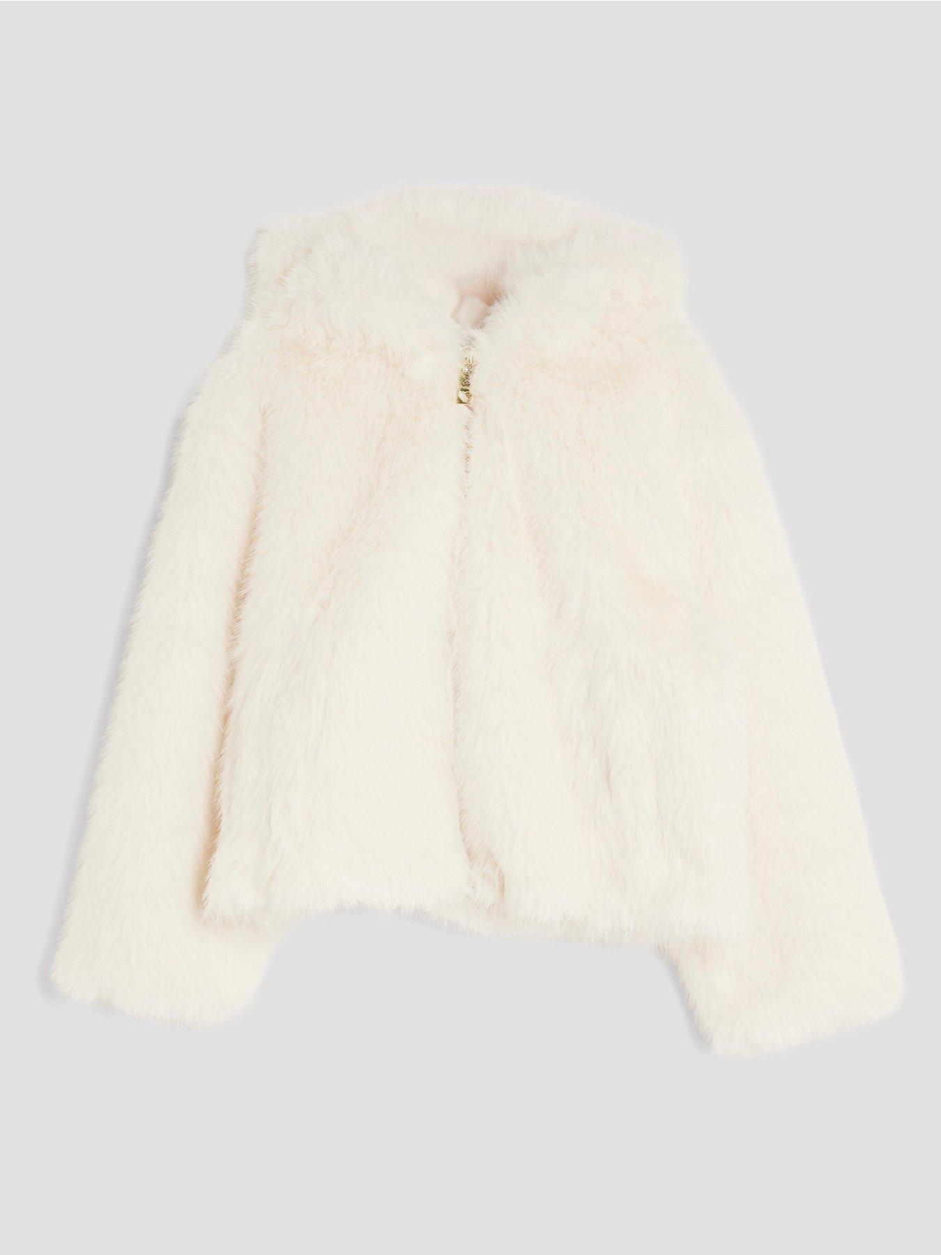 River Island Older Girls Hooded Faux Fur Bomber Jacket - Cream
