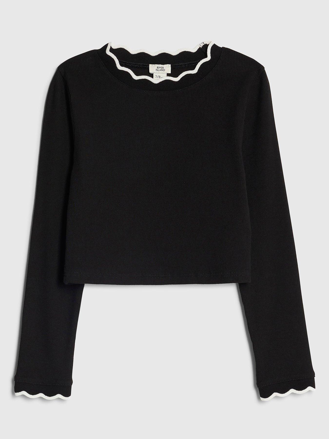 River Island Older Girls Scallop Trim Long Sleeved Top - Black
