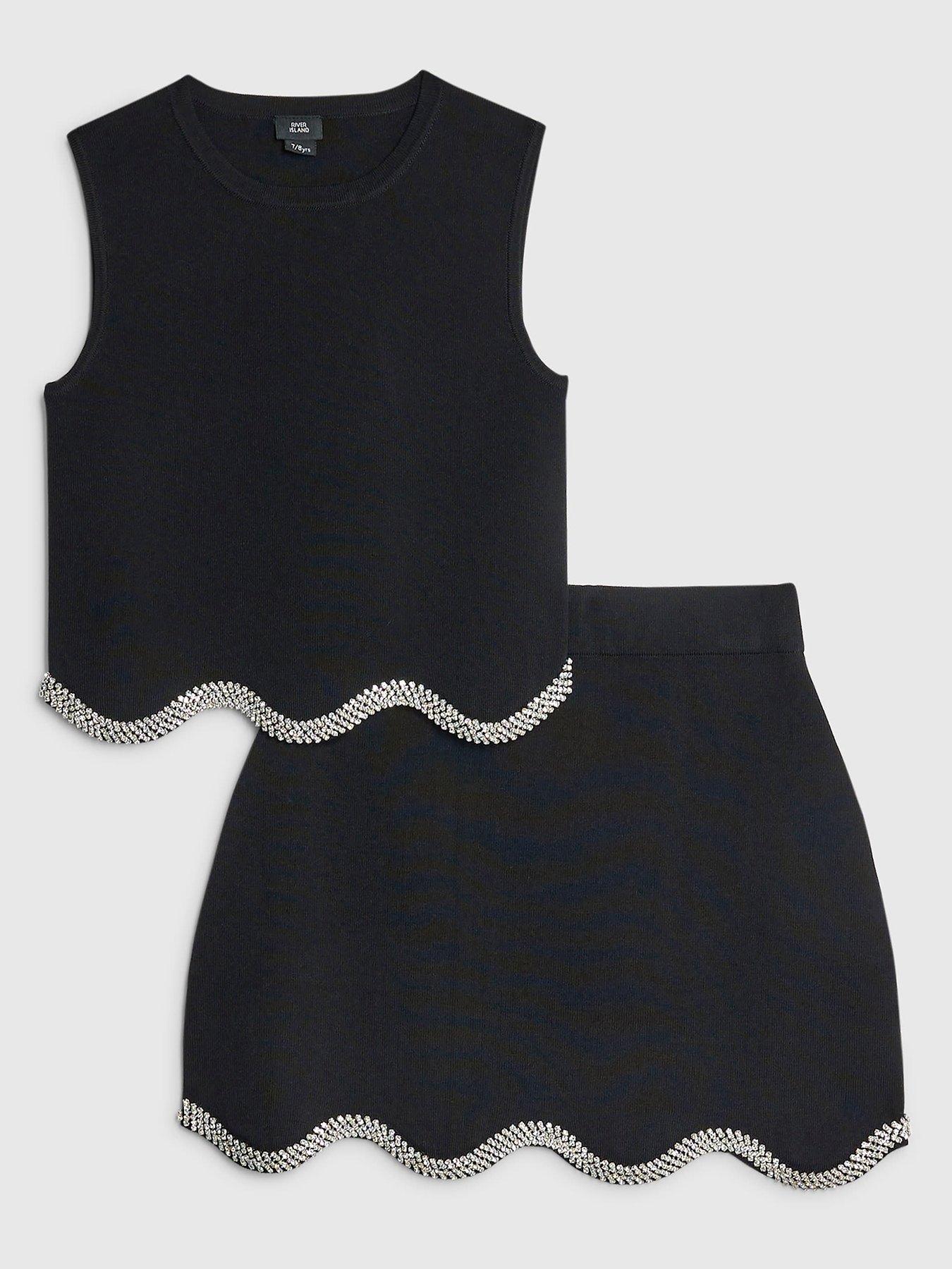 River Island Older Girls Embellished Scallop Trim Skirt Set - Black