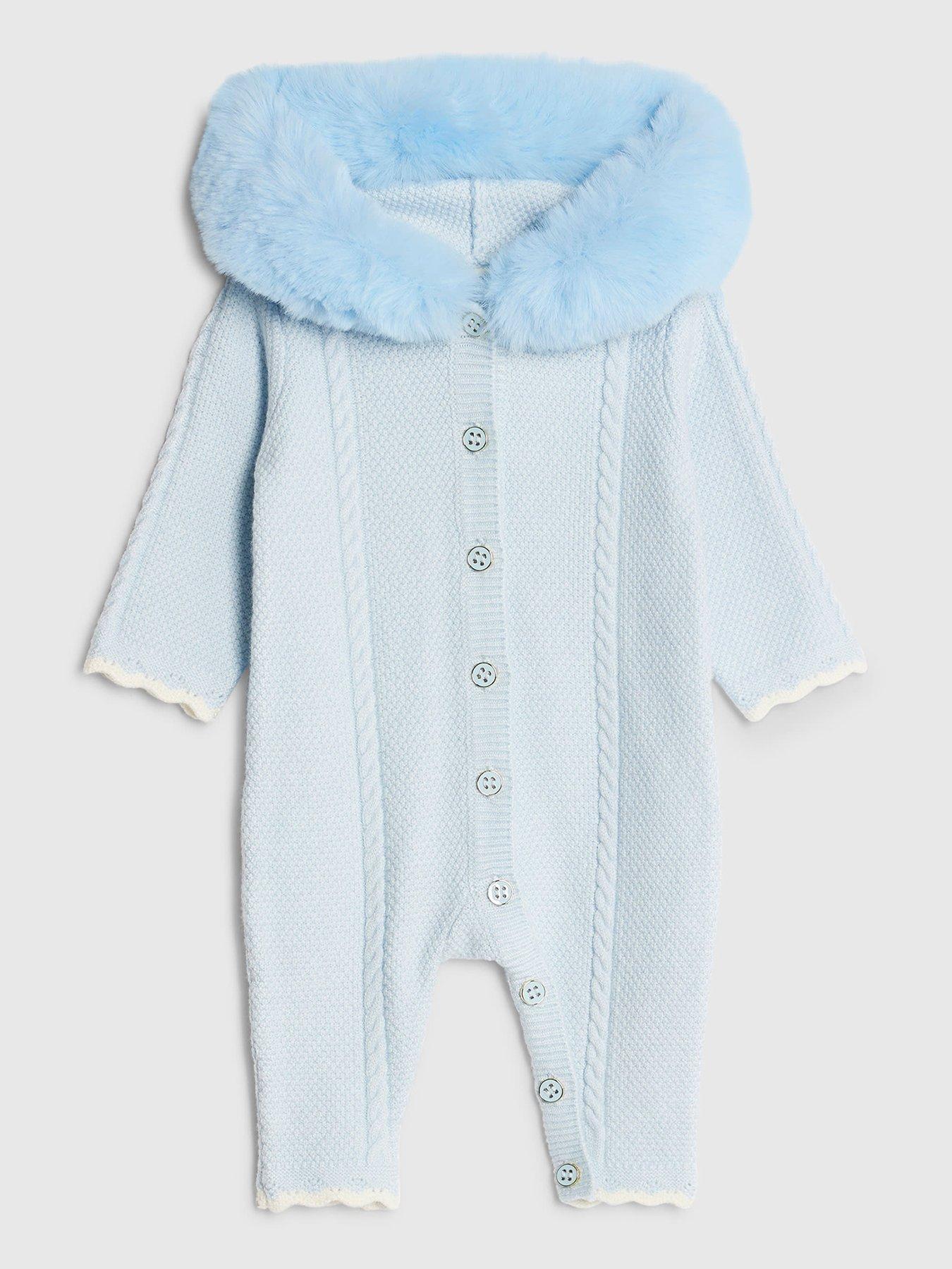 River Island Baby Boys Faux Fur Collar Knitted Rompersuit - Light Blue