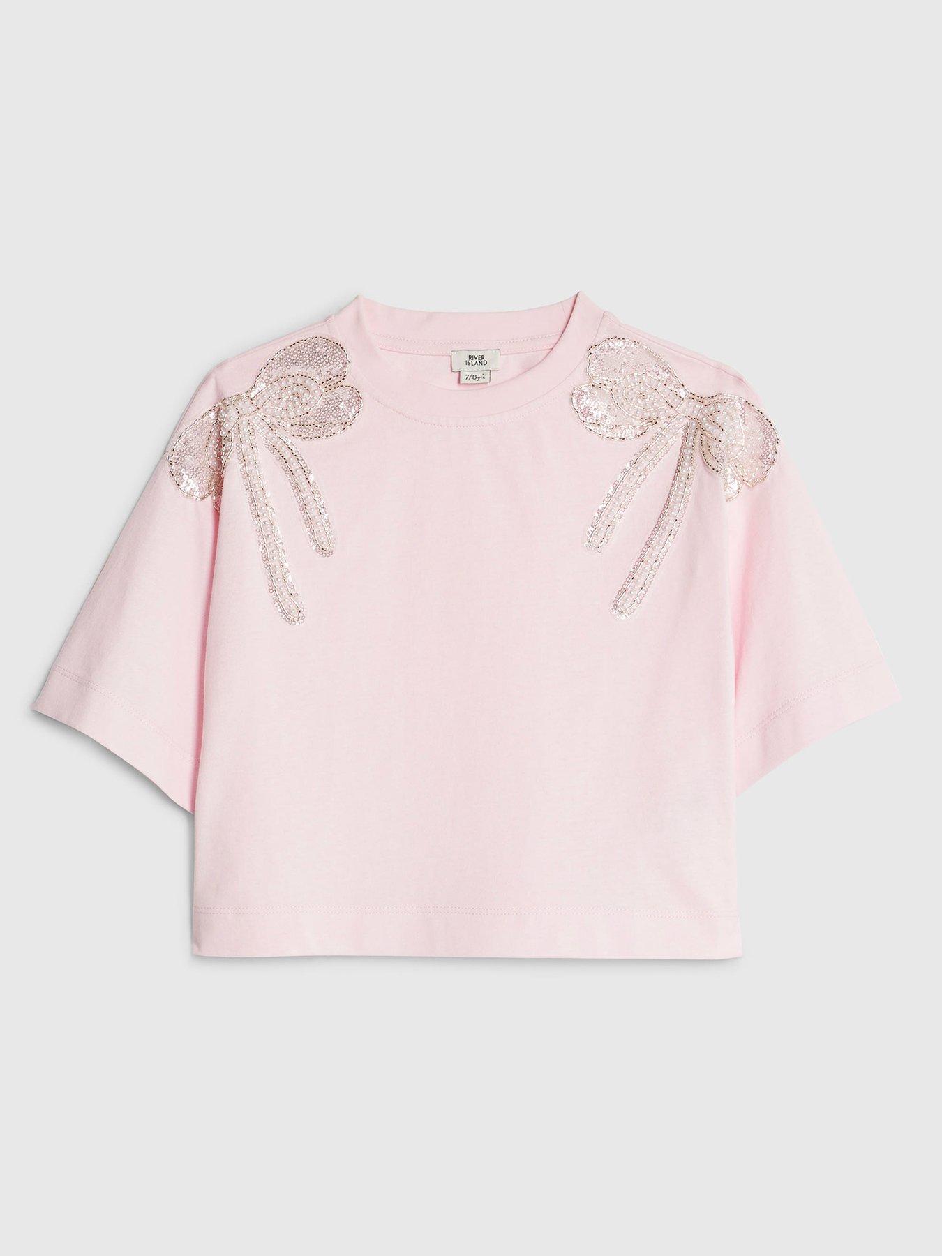 Image 1 of 4 of River Island Older Girls Embellished Bow Top - Pink