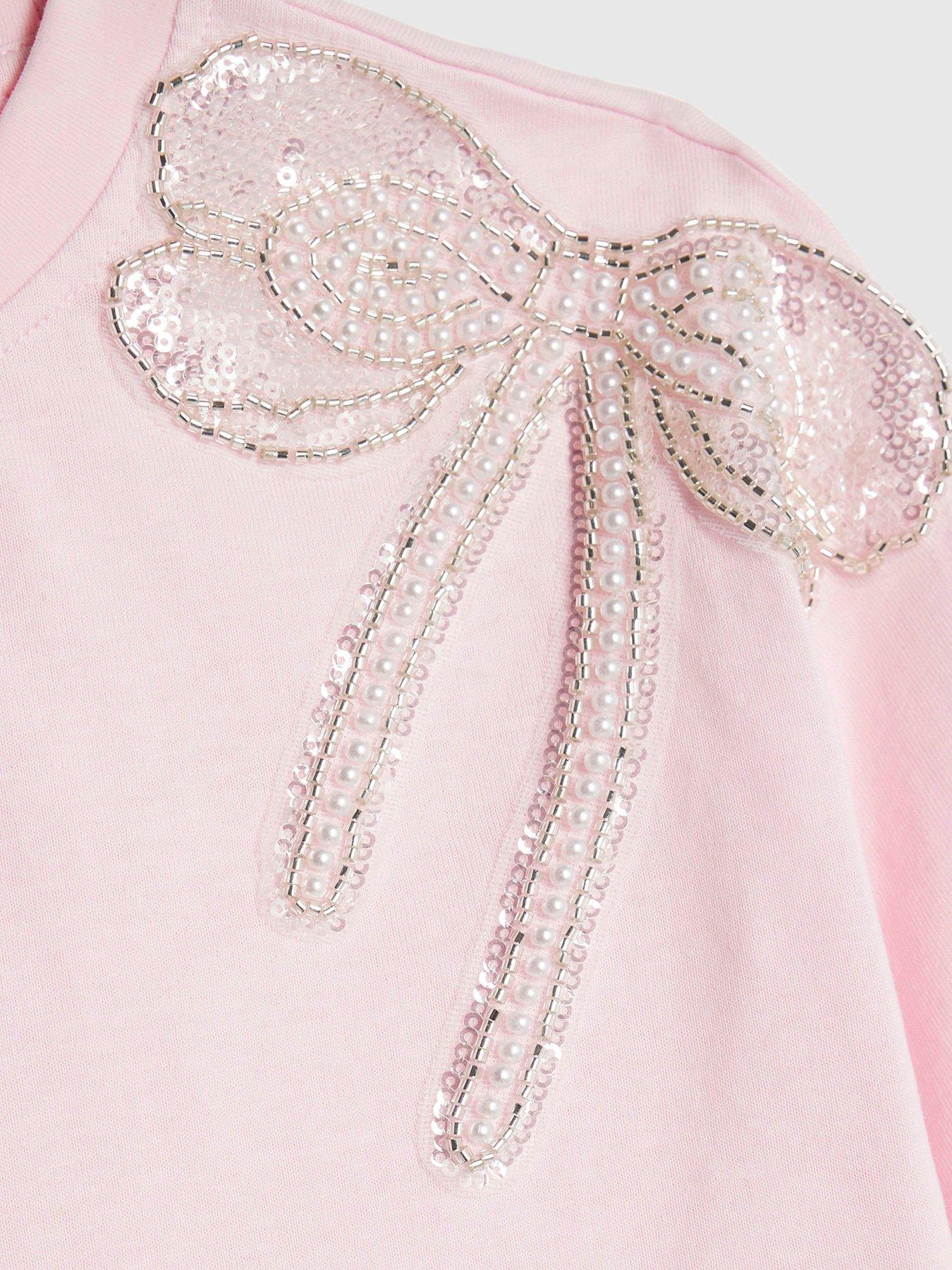 Image 3 of 4 of River Island Older Girls Embellished Bow Top - Pink