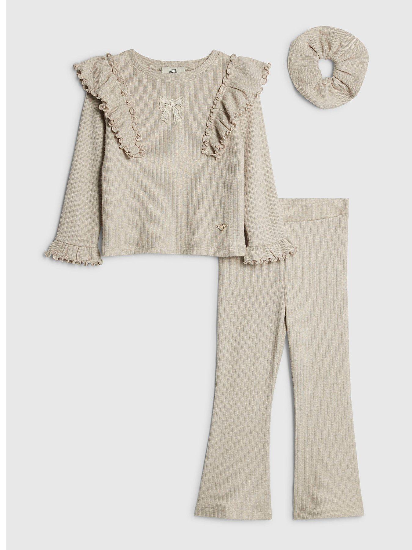 River Island Mini Girls Bow Frill Shoulder Top Set - Beige