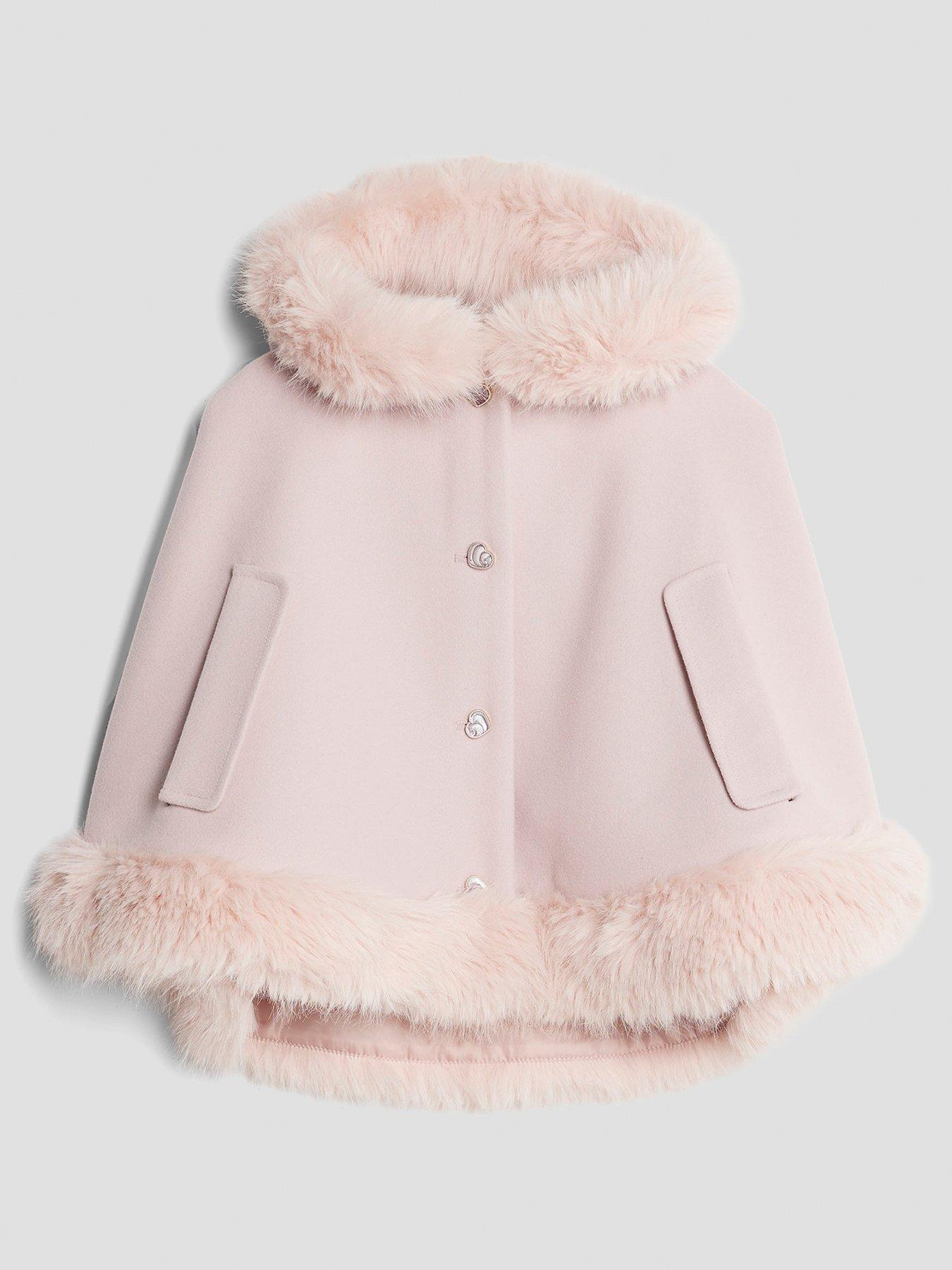 River Island Mini Girls Faux Fur Heart Button Cape - Pink