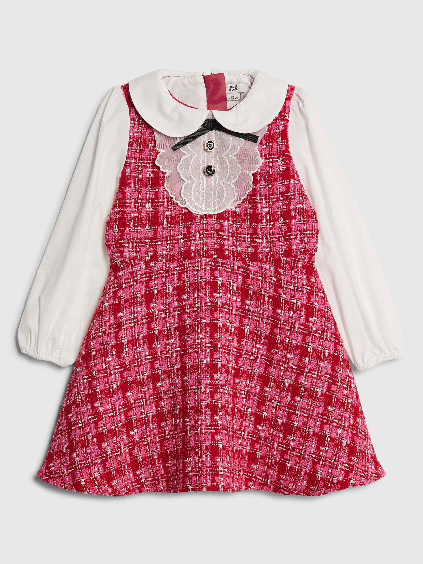 River Island Mini Girls Velvet Boucle Bow Dress - Red