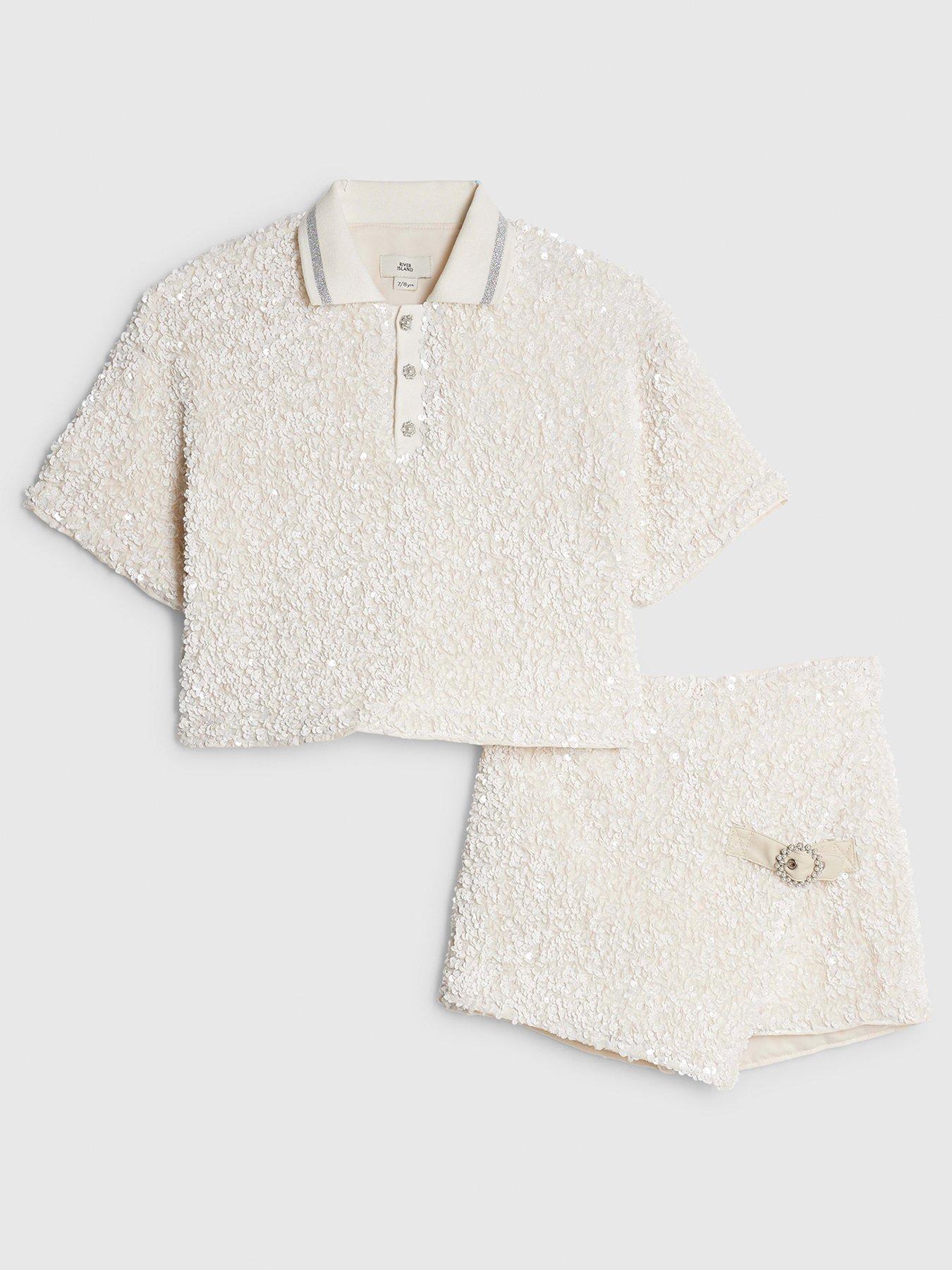 River Island Older Girls Sequin Polo Top And Skort Set - Cream