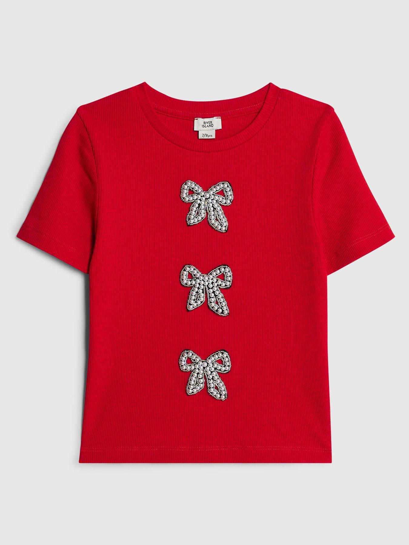 River Island Older Girls Ribbed Pearl Bow T-Shirt - Red