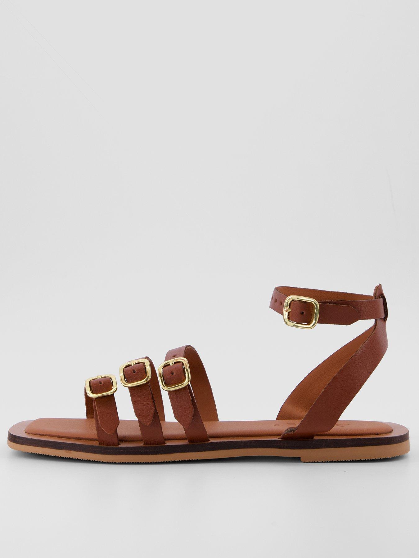 The Very Collection Leather Strappy Flat Sandals - Brown