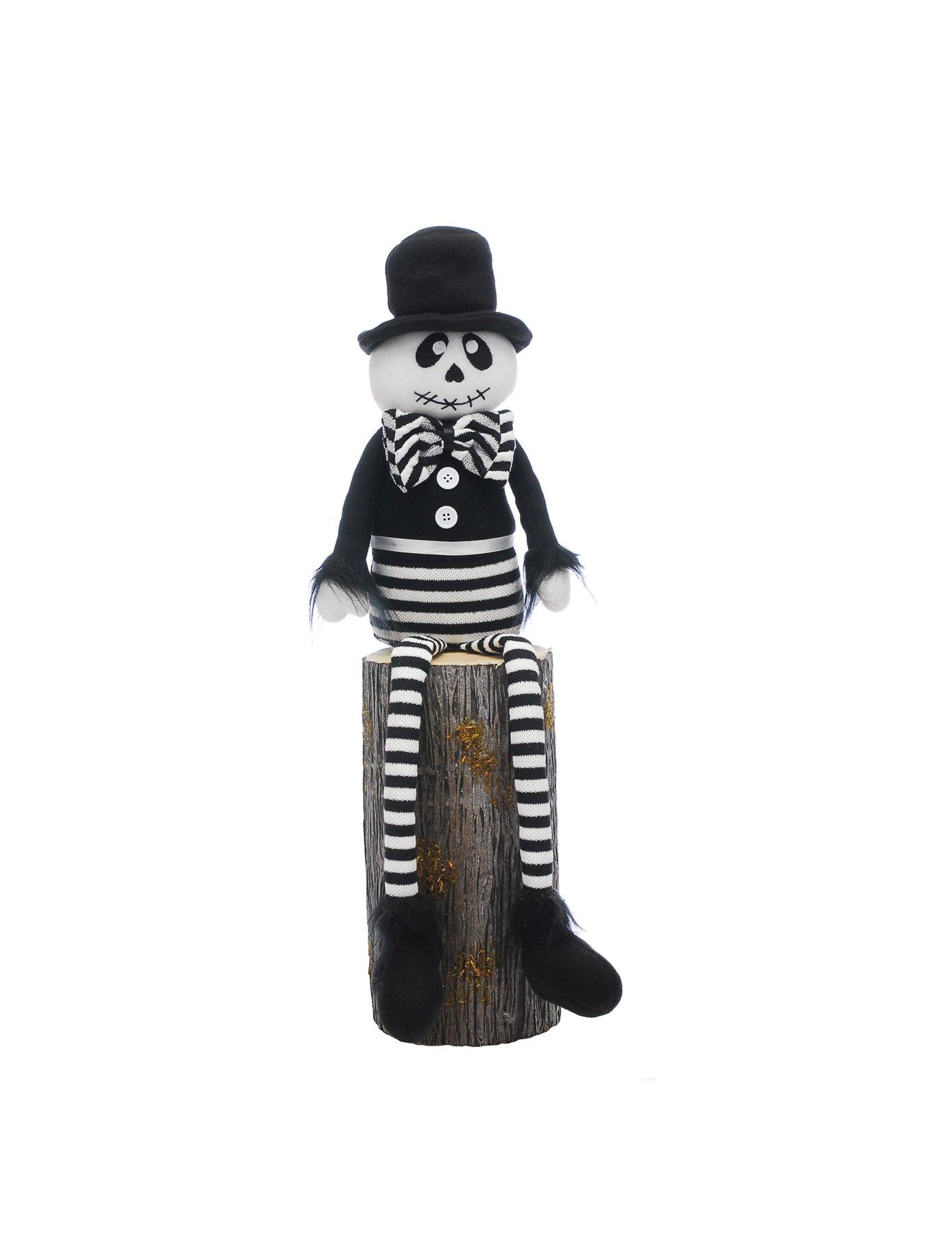 Image 1 of 1 of Festive 68cm Halloween Dangly Leg Black And White Stripped Skeleton Wearing Black Top Hat