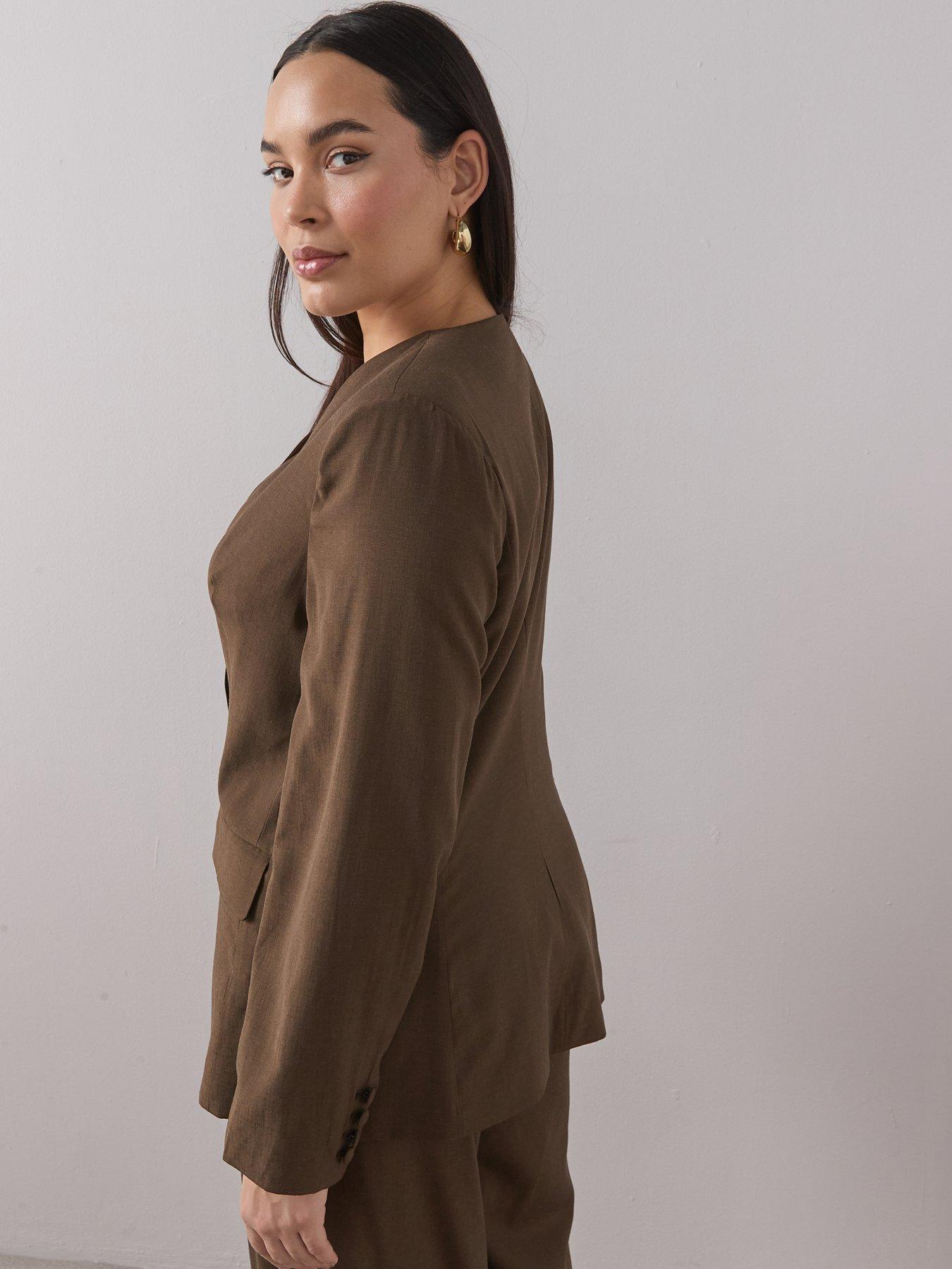 the-very-collection-curve-cinched-waist-collarless-blazer-brownstillFront