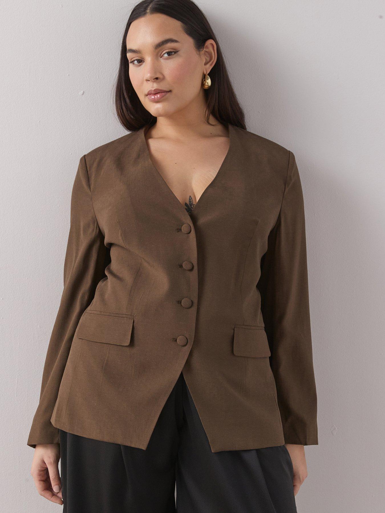 Image 3 of 6 of The Very Collection Curve Cinched Waist Collarless Linen Blazer