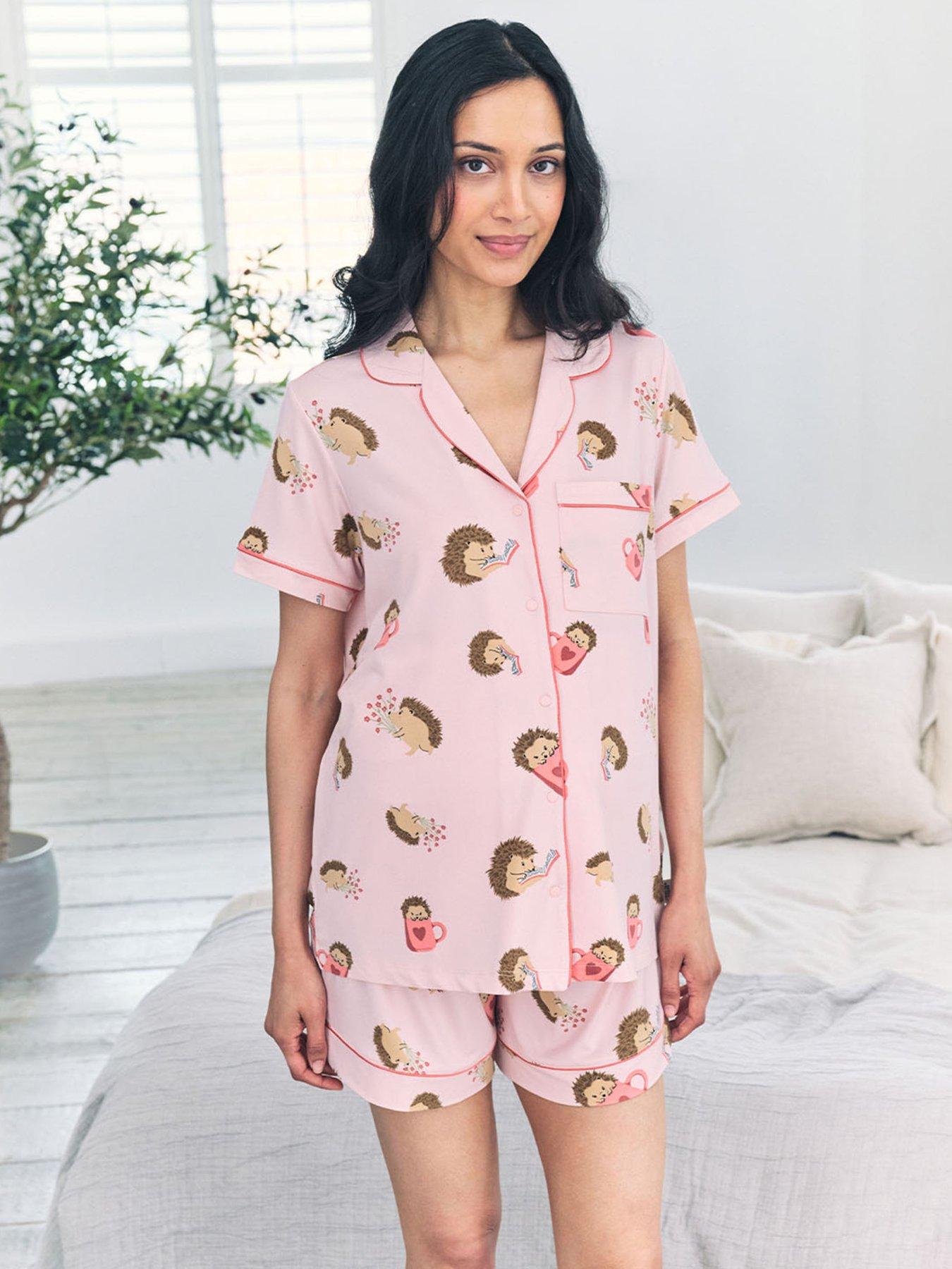 CHELSEA PEERS Chelsea Peers Maternity Short Sleeve Revere Short Set With Hedgehog Print In Polyester