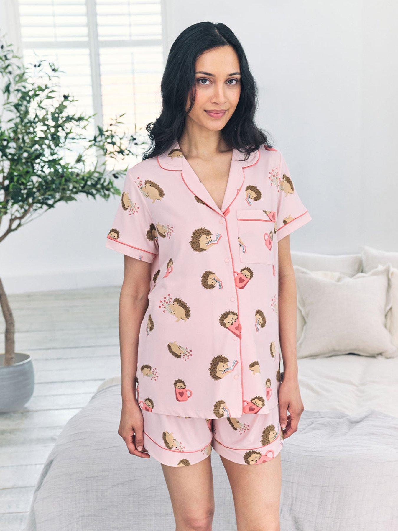 CHELSEA PEERS Chelsea Peers Maternity Short Sleeve Revere Short Set With Sleeping Bunny Print In Polyester