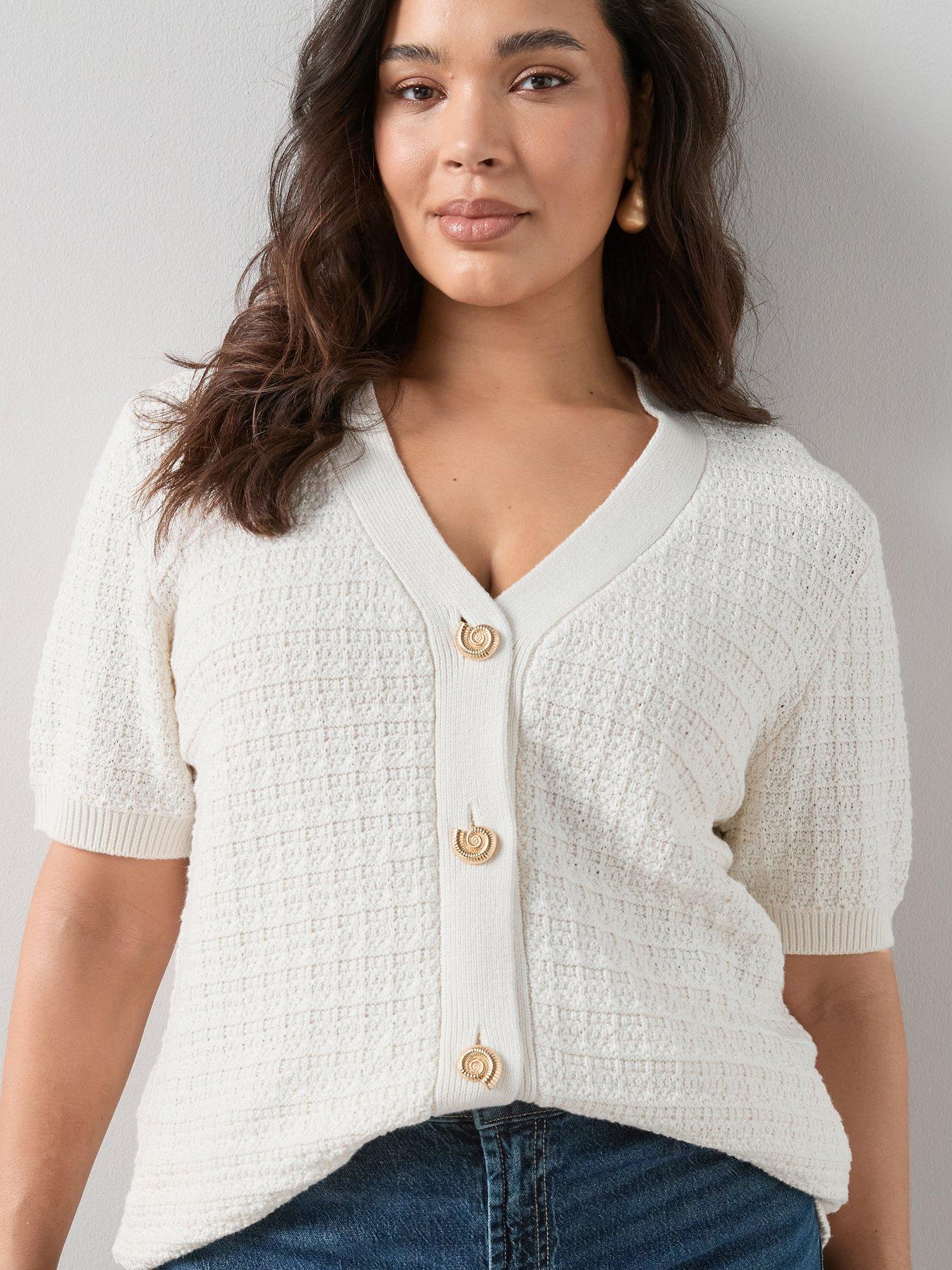 Image 1 of 6 of The Very Collection Curve Shell Button Short Sleeve Cardigan
