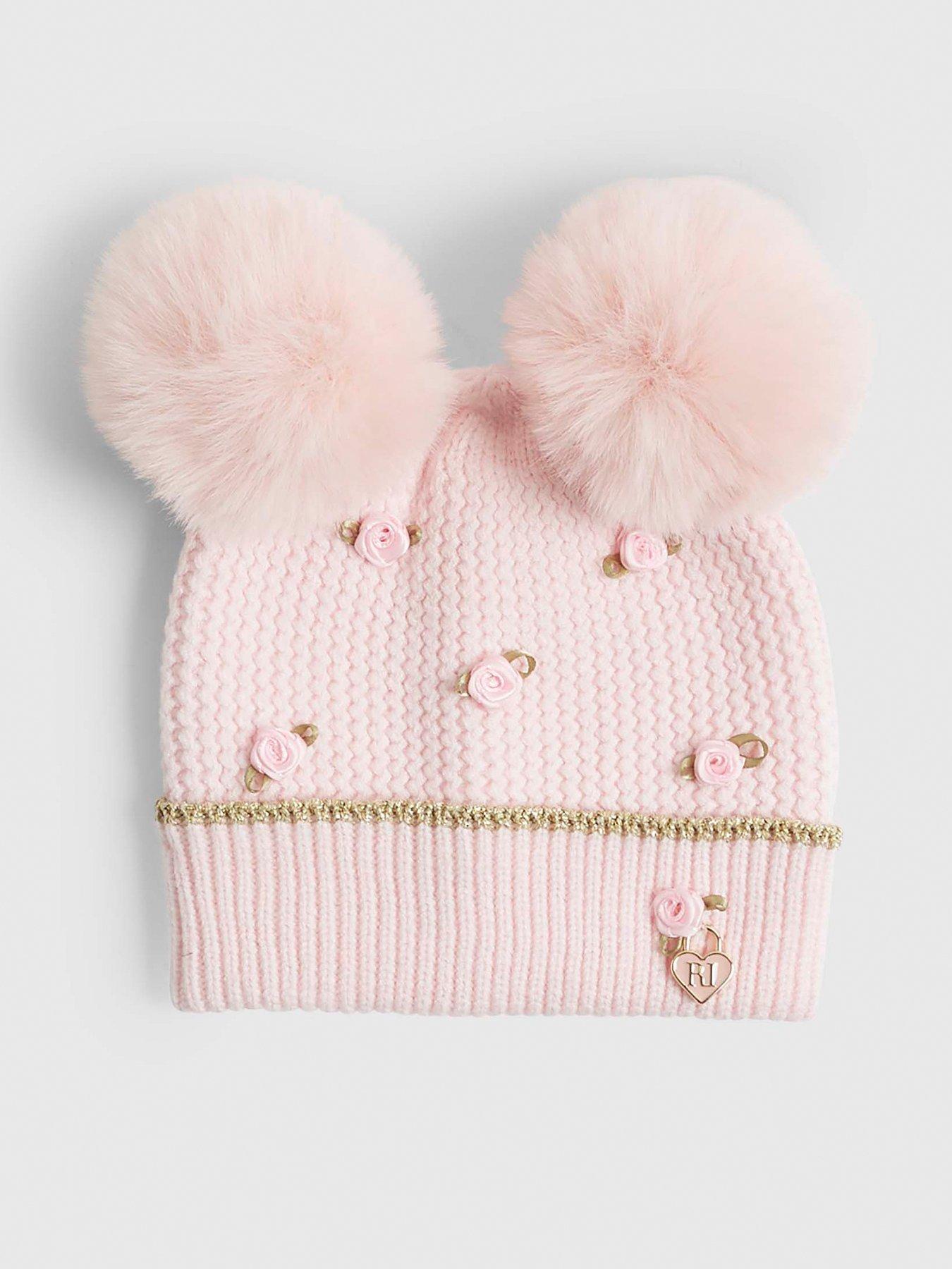 Image 1 of 4 of River Island Mini Girls Rosebud Pom Beanie Hat - Pink