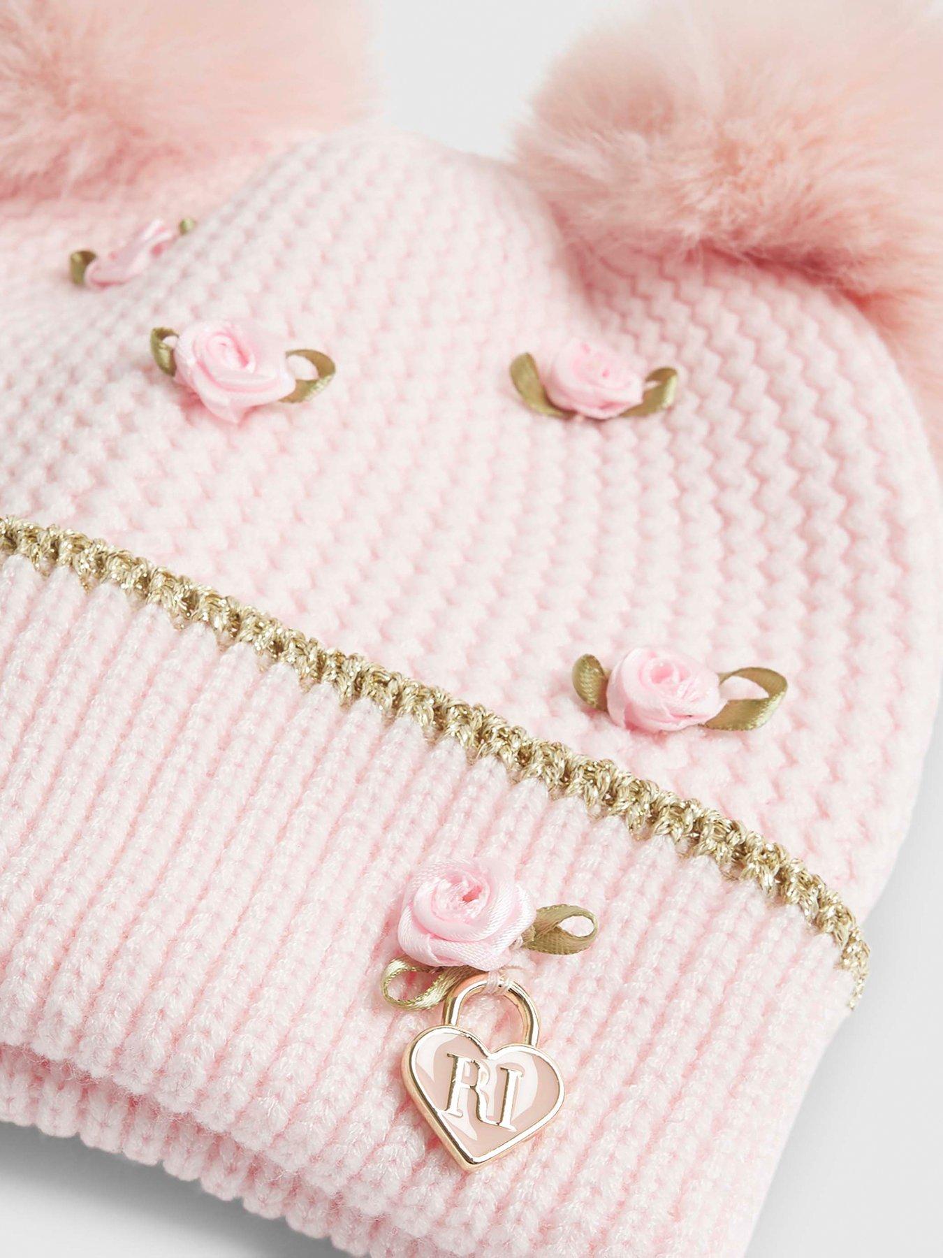 Image 3 of 4 of River Island Mini Girls Rosebud Pom Beanie Hat - Pink