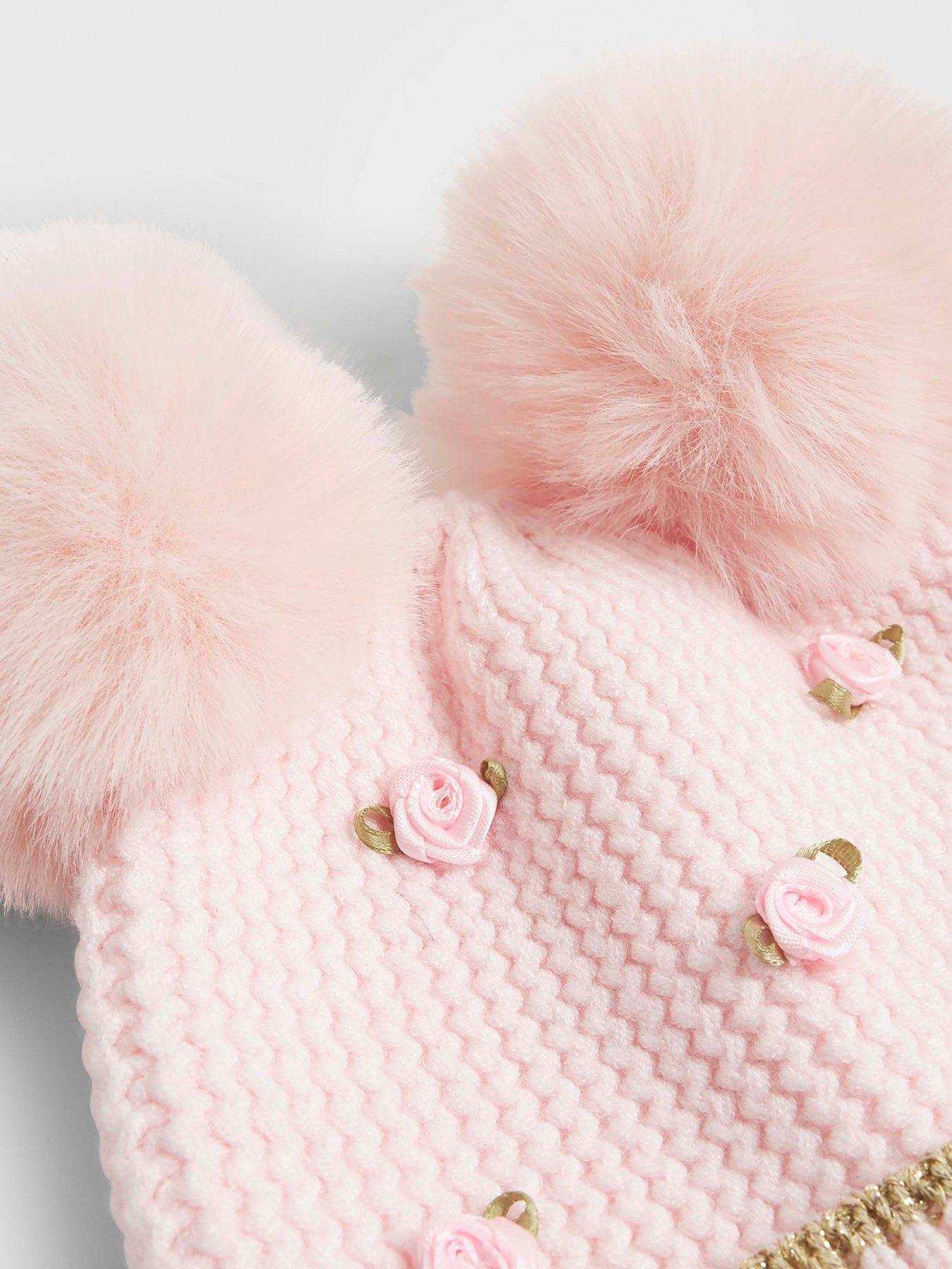 Image 4 of 4 of River Island Mini Girls Rosebud Pom Beanie Hat - Pink