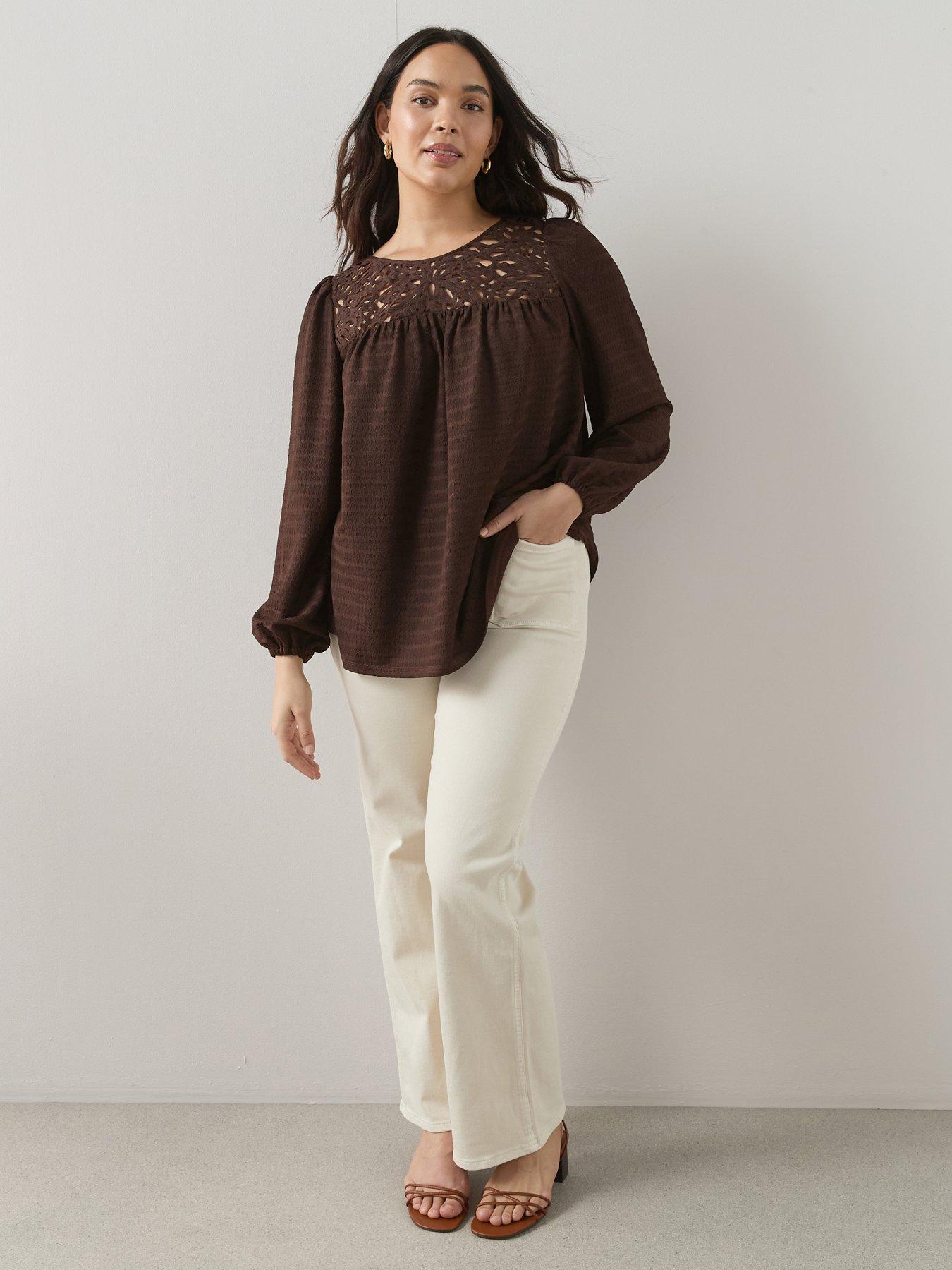 Image 1 of 6 of The Very Collection Curve Crochet Yoke Crinkle Top