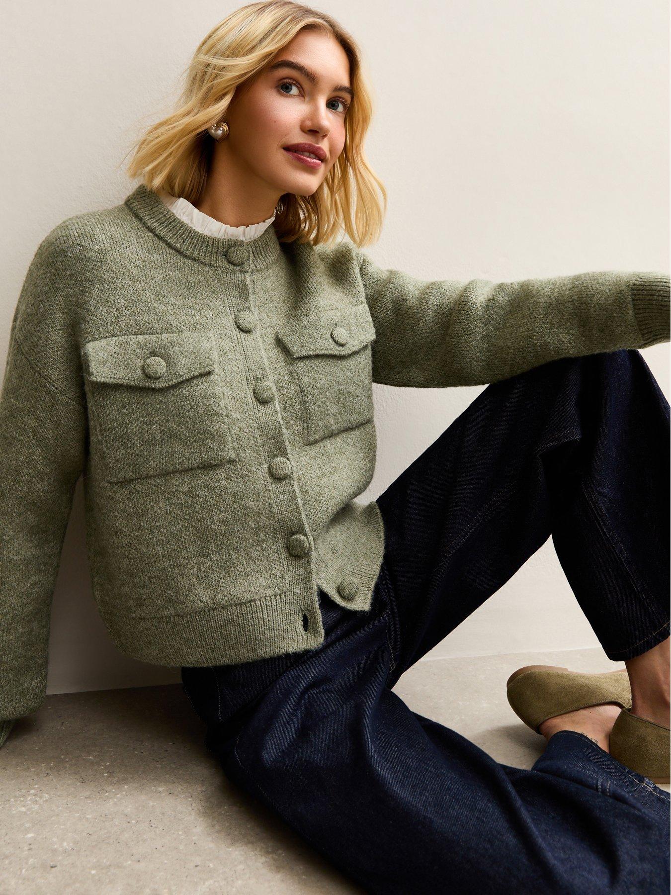 new-look-light-khaki-flap-pocket-knitted-bomber