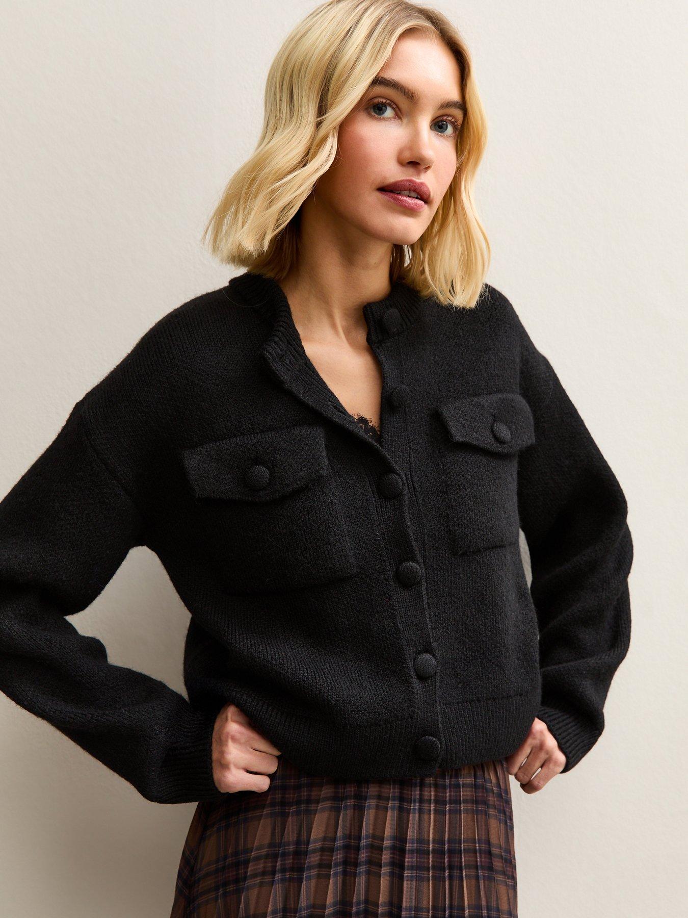 New Look Flap Pocket Knitted Bomber Jacket - Black