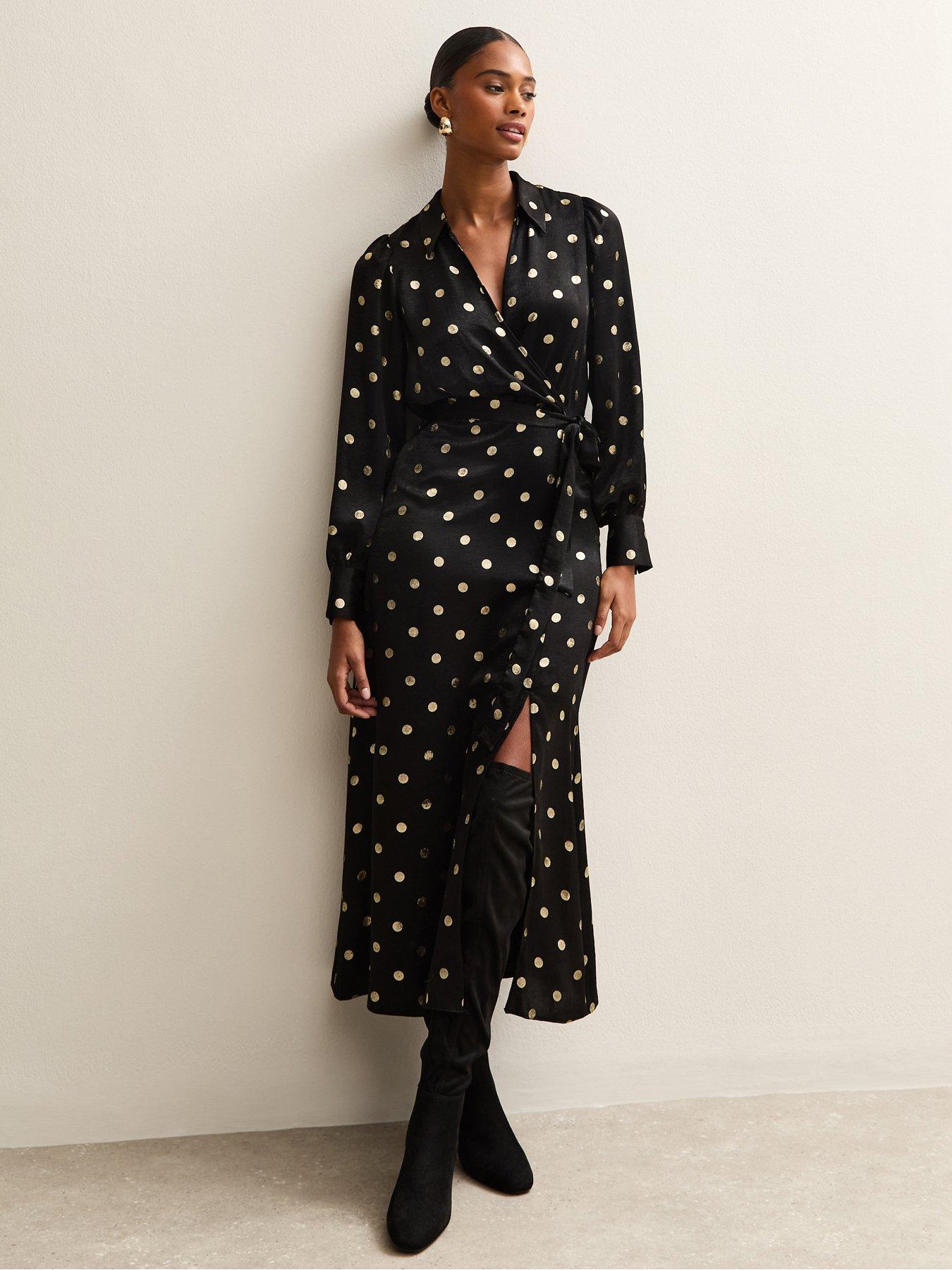 New Look Selena Spot Satin Wrap Midi - Black