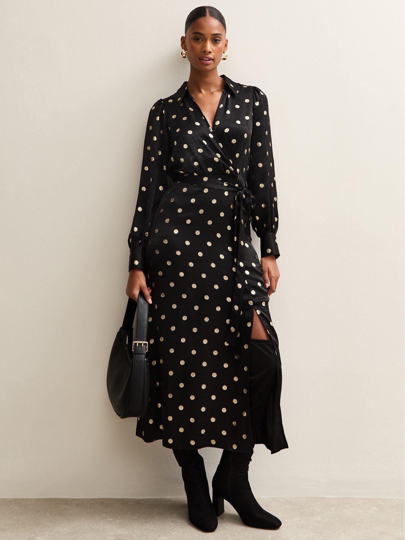 Image 3 of 5 of New Look Selena Spot Satin Wrap Midi - Black